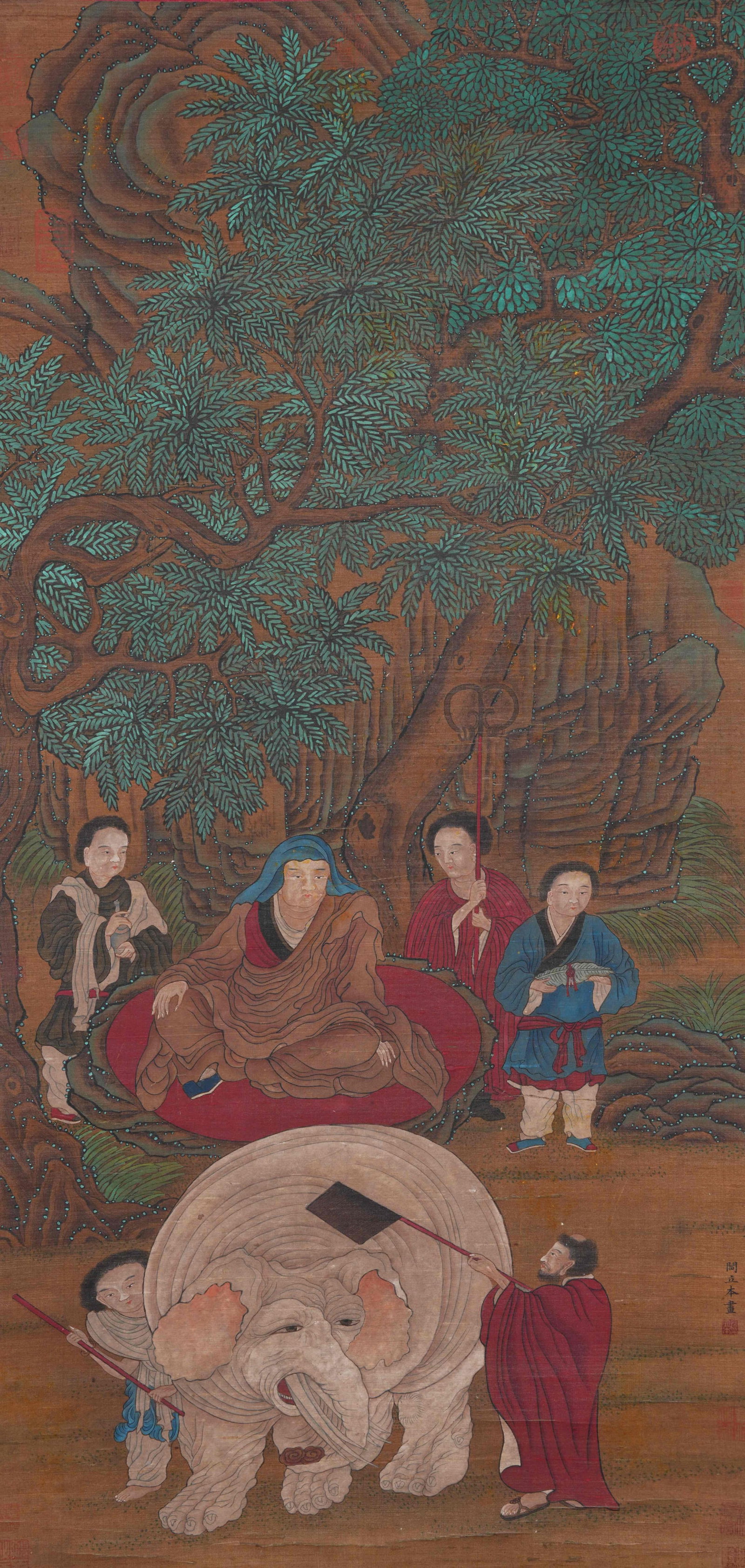 A SACRED FIGURE PAINTING ON SILK BY YAN LIBEN.閻立本: Sacred Figure Painting on Silk by Yan Liben.閻立本