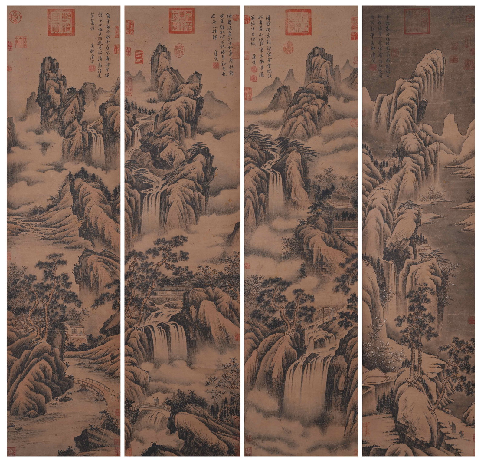 A LANDSCAPE PAINTINGS ON PAPER BY TANG BOHU (4 PIECES).唐伯虎: Landscape Paintings on Paper by Tang Bohu (4 pieces).唐伯虎