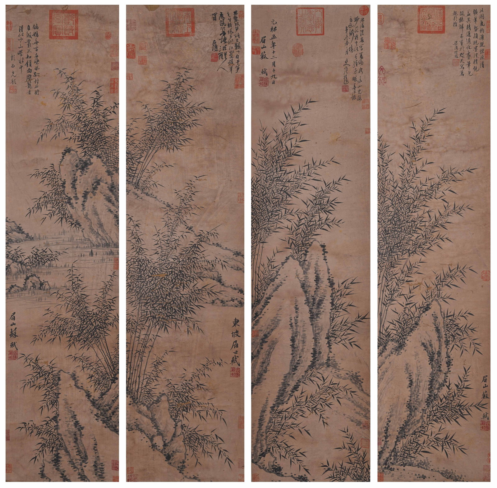A INK BAMBOO PAINTINGS ON PAPER BY SU SHI (4 PIECES).蘇軾: Ink Bamboo Paintings on Paper by Su Shi (4 pieces).蘇軾