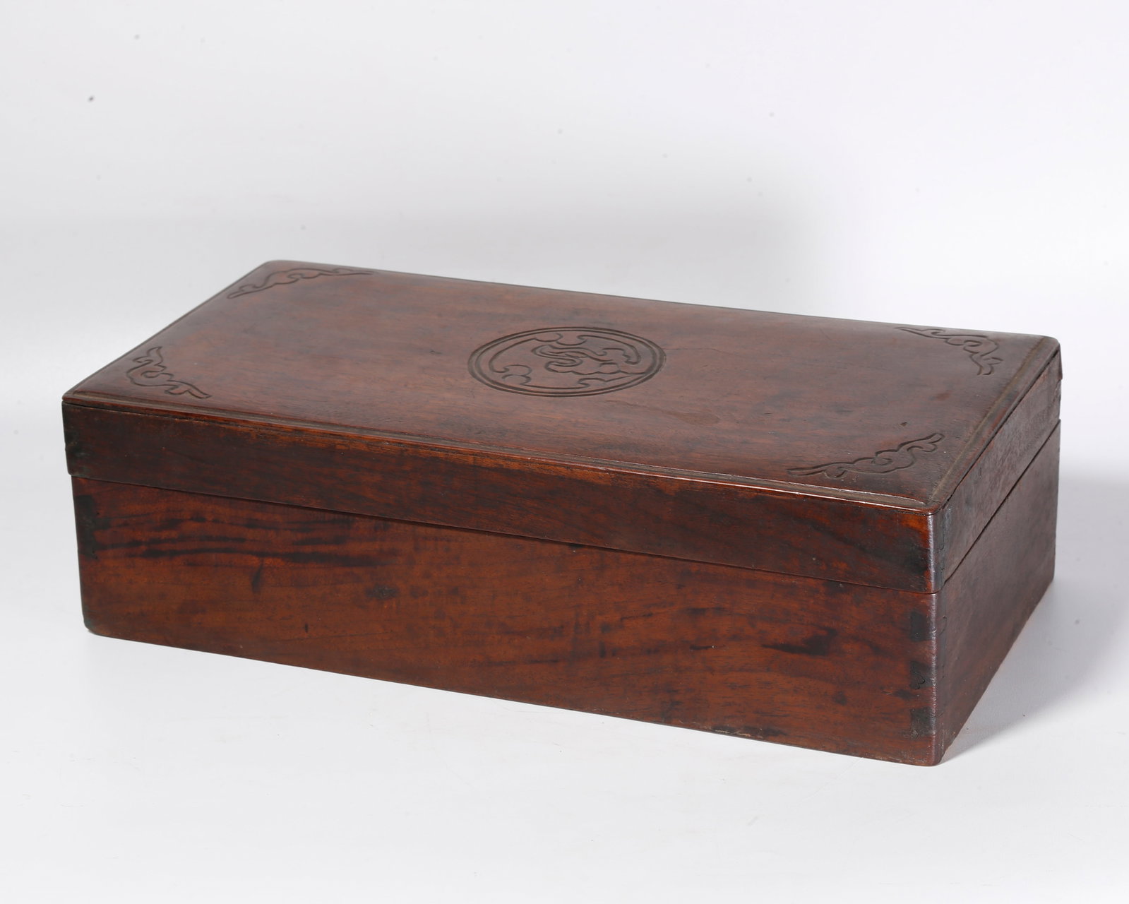 A HUANGHUALI WOOD CARVED COVERED BOX WITH FORTUNE PATTERN: Huanghuali Wood Carved Covered Box with Fortune Pattern