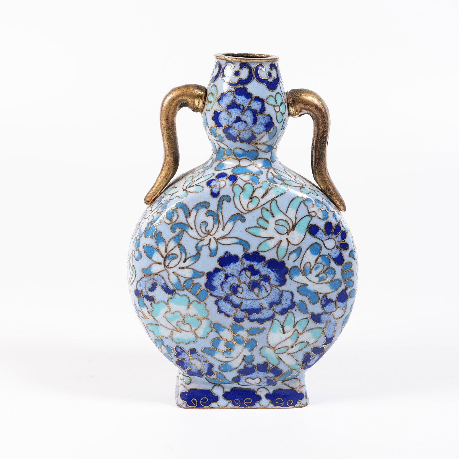 A CLOISONNE GOURD VASE WITH FLORAL PATTERN AND RIBBON-SHAPED EARS: Cloisonne Gourd Vase with Floral Pattern and Ribbon-shaped Ears