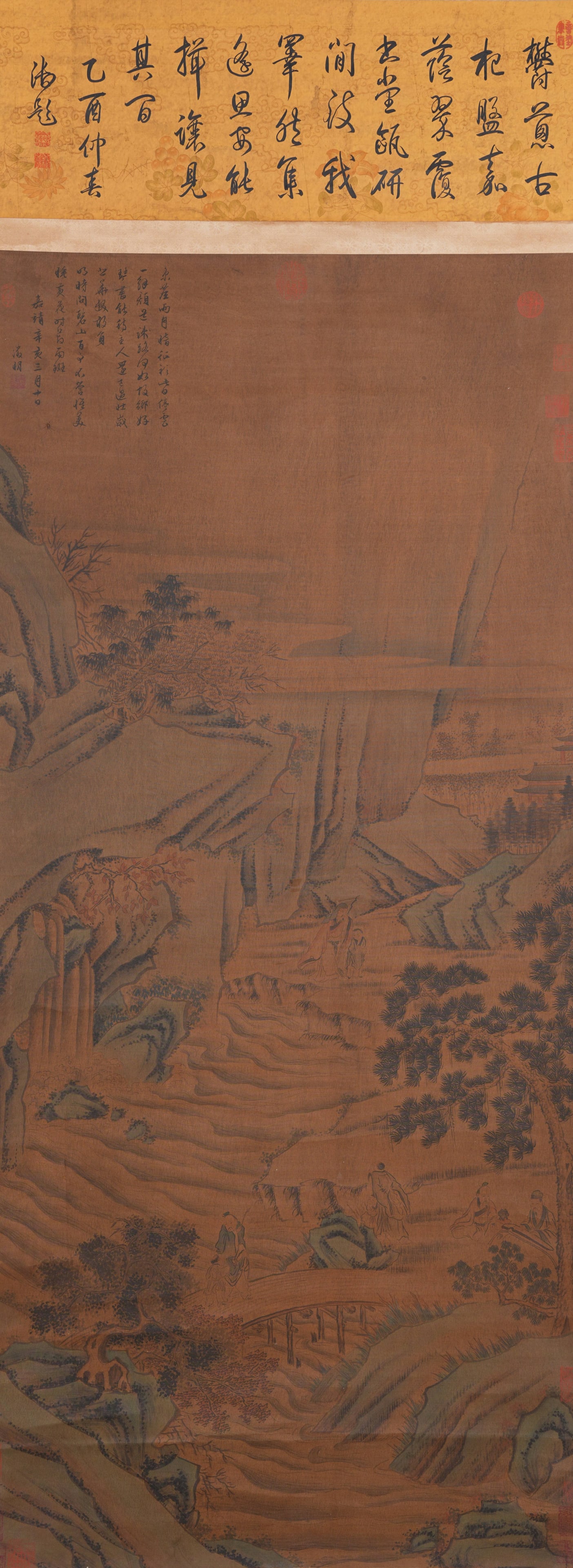 A LANDSCAPE AND FIGURE PAINTING ON SILK BY WEN ZHENGMING.文徵明: Landscape and Figure Painting on Silk by Wen Zhengming.文徵明