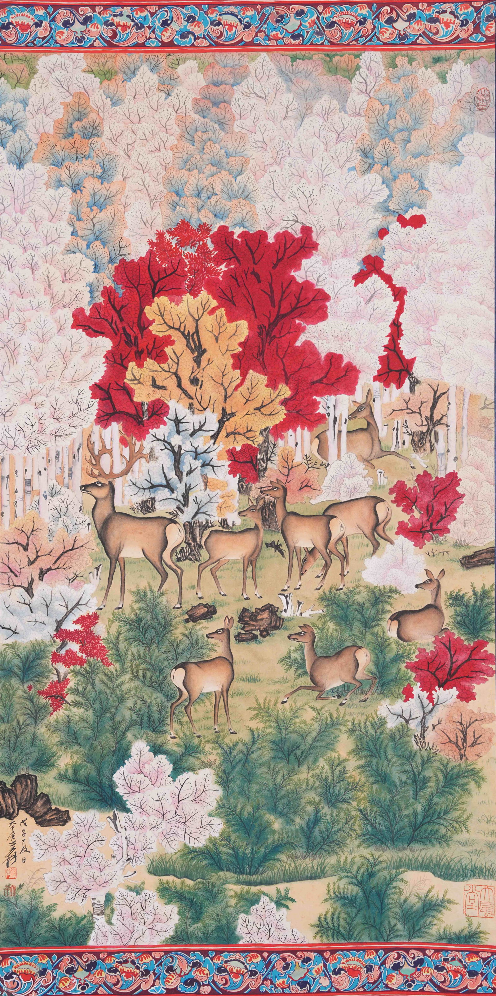 A DEER GROUP PAINTING ON PAPER BY ZHANG DAQIAN.張大千: Deer Group Painting on Paper by Zhang Daqian.張大千