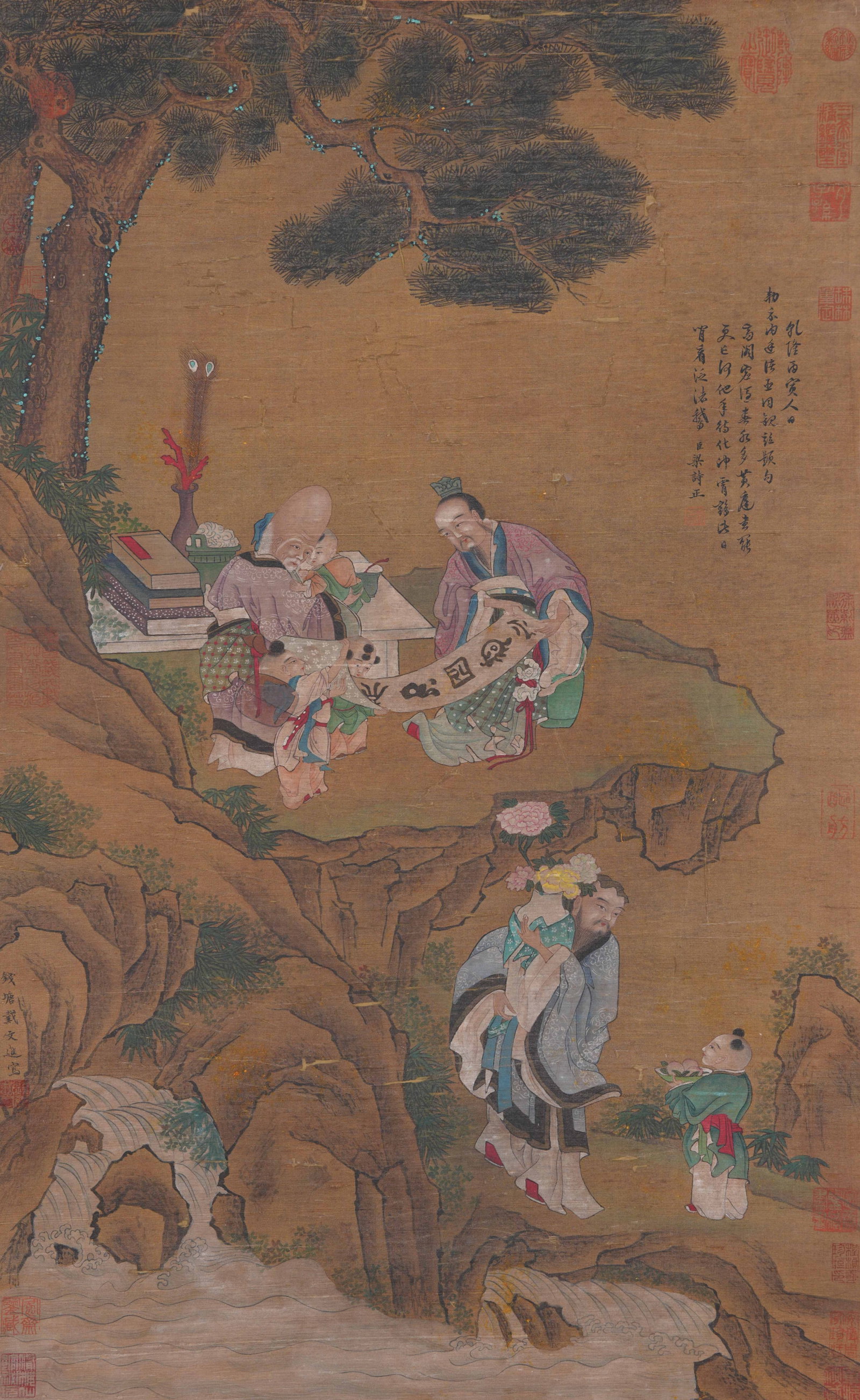 A BLESSING FORTUNE AND LONGEVITY PAINTING ON SILK BY DAI JIN.戴進 (1 of 10)