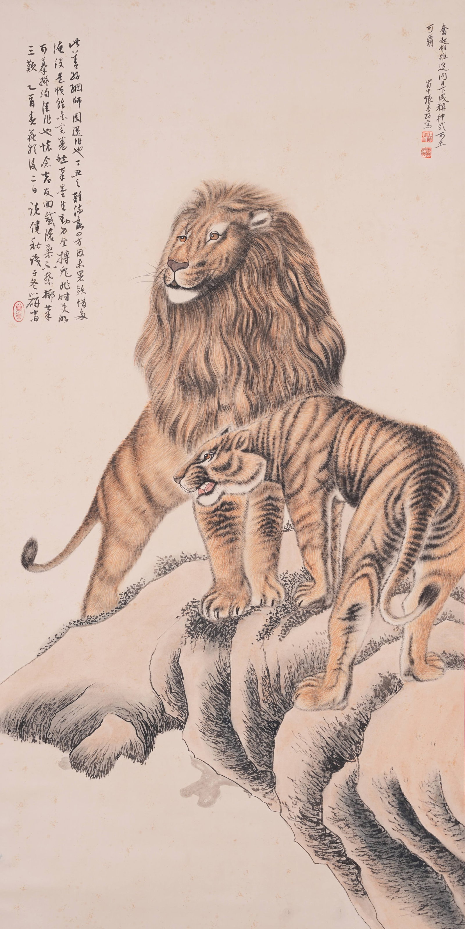 A DOUBLE LIONS PAINTING ON PAPER BY ZHANG SHANZI.張善孖: Double Lions Painting on Paper by Zhang Shanzi.張善孖