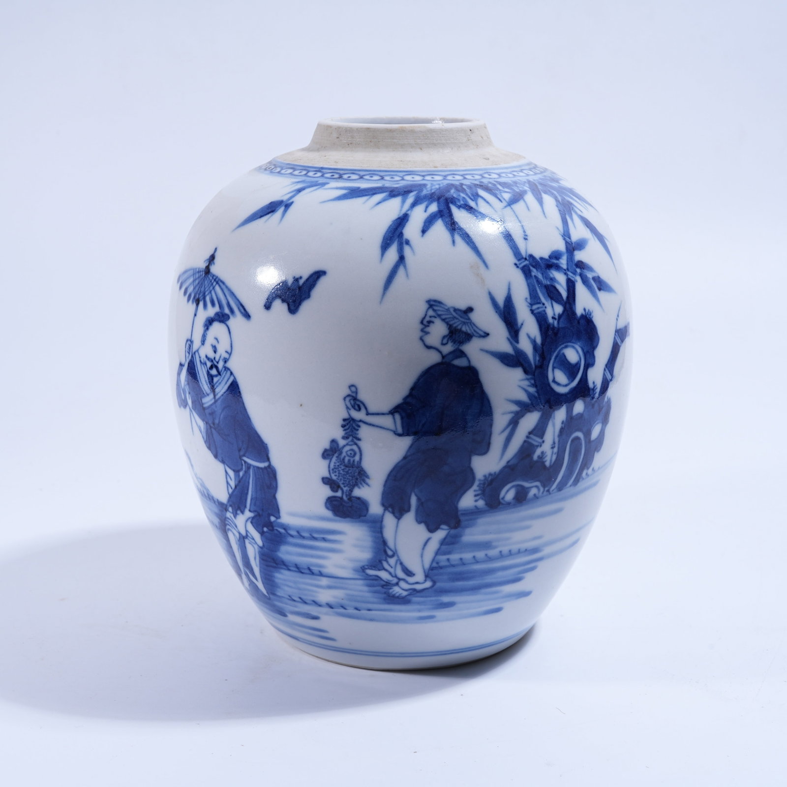 A BLUE AND WHITE JAR WITH FISHERMEN AMUSEMENT PATTERN (1 of 9)