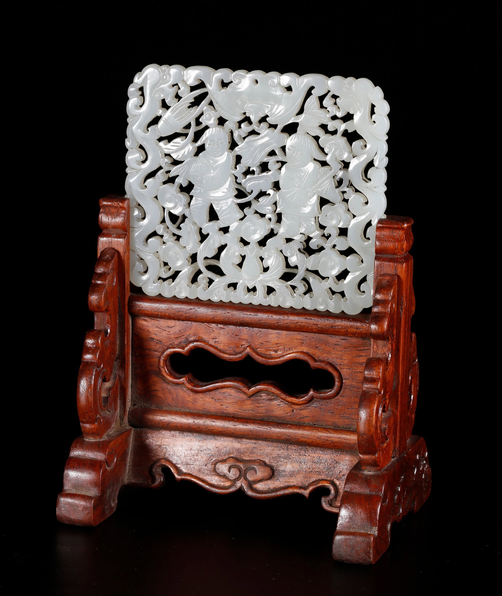 A HUANGHUALI WOOD INKSTONE SCREEN INLAID WITH HETIAN JADE CARVINGS: Huanghuali Wood Inkstone Screen Inlaid with Hetian Jade Carvings