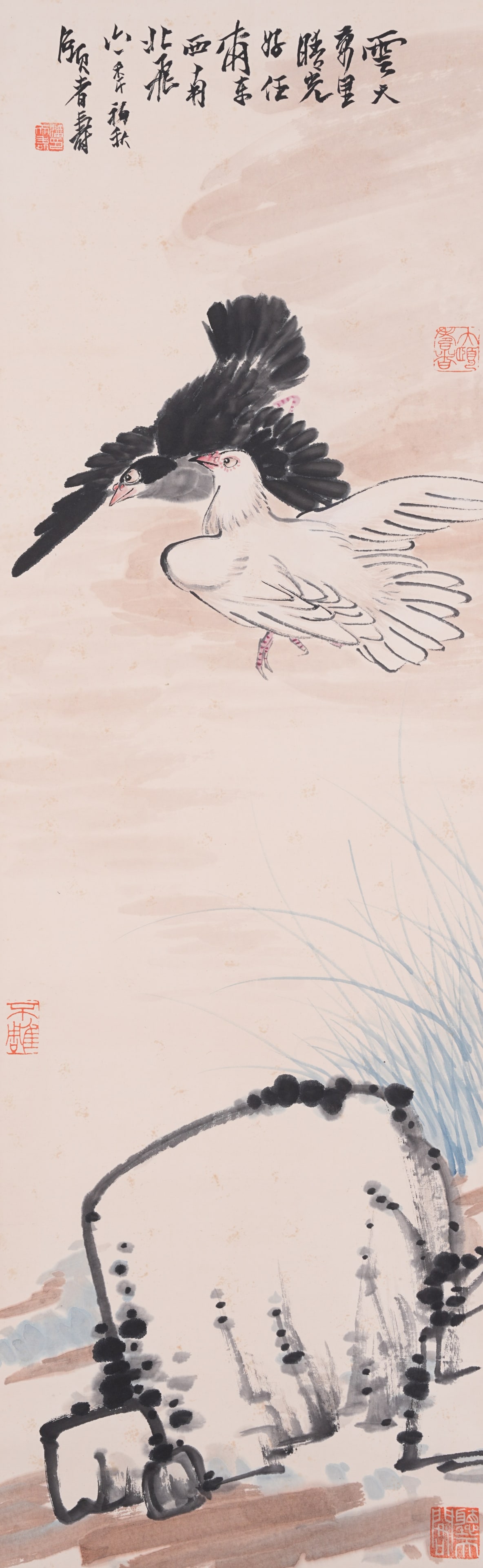 A DOUBLE BIRDS PAINTING ON PAPER BY XU BEIHONG.徐悲鴻: Double Birds Painting on Paper by Xu Beihong.徐悲鴻