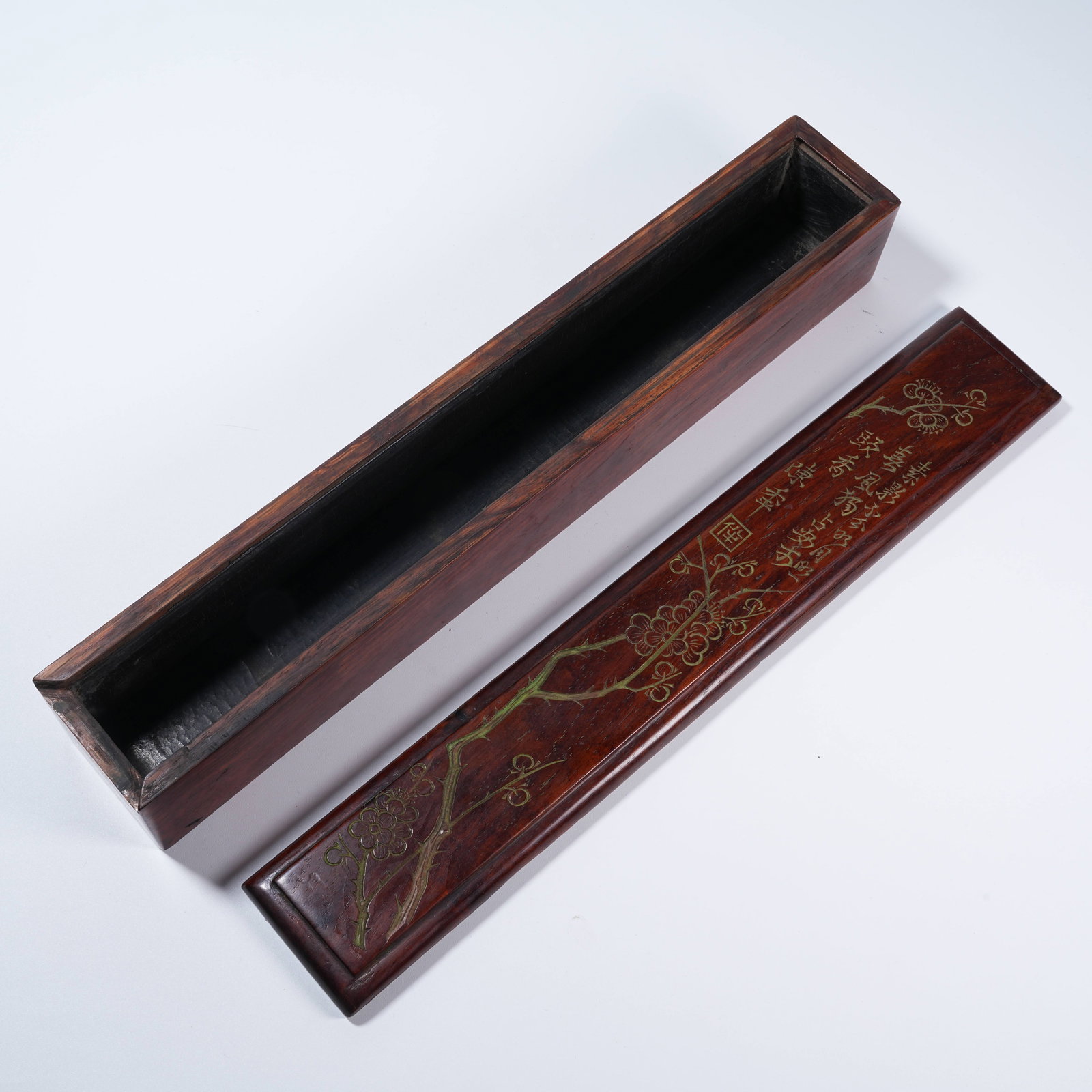 A HUANGHUALI PAINTED COVERED BOX WITH FLORAL PATTERN: Huanghuali Painted Covered Box with Floral Pattern