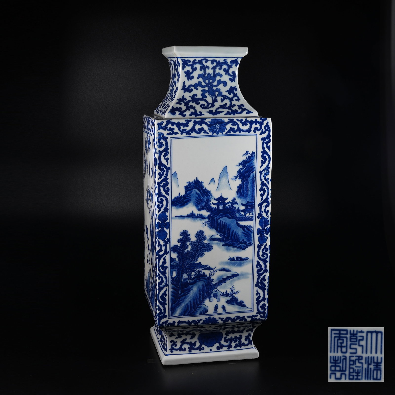 A SQUARE BLUE AND WHITE VASE WITH LANDSCAPE AND PAVILION PATTERN (1 of 9)