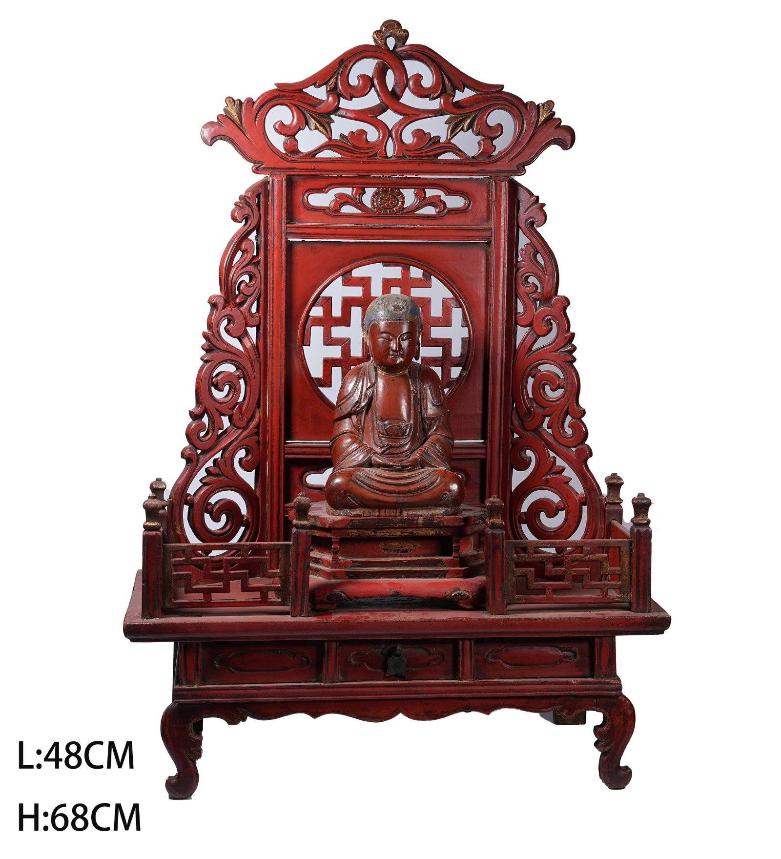 A RED CARVED LACQUER GILDED SEATED SAKYAMUNI STATUE WITH GILDED NICHE (1 of 14)