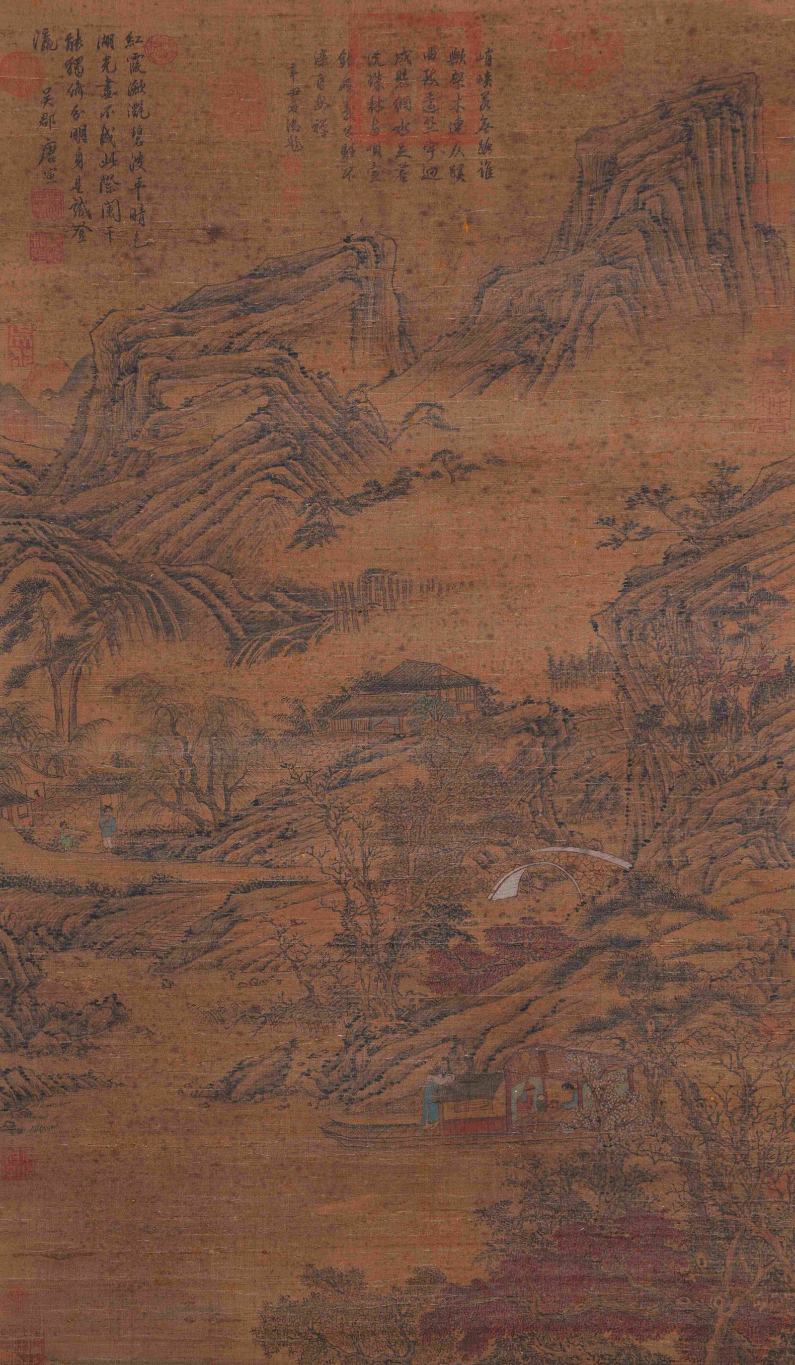 A LANDSCAPE PAINTING ON SILK BY TANG BOHU.唐伯虎: Landscape Painting on Silk by Tang Bohu.唐伯虎. PROVENANCE: Highlight of this sale is part of the collection of K'ung Hsiang-Hsi (Kong Xiangxi, 孔祥熙, 1880-1967).