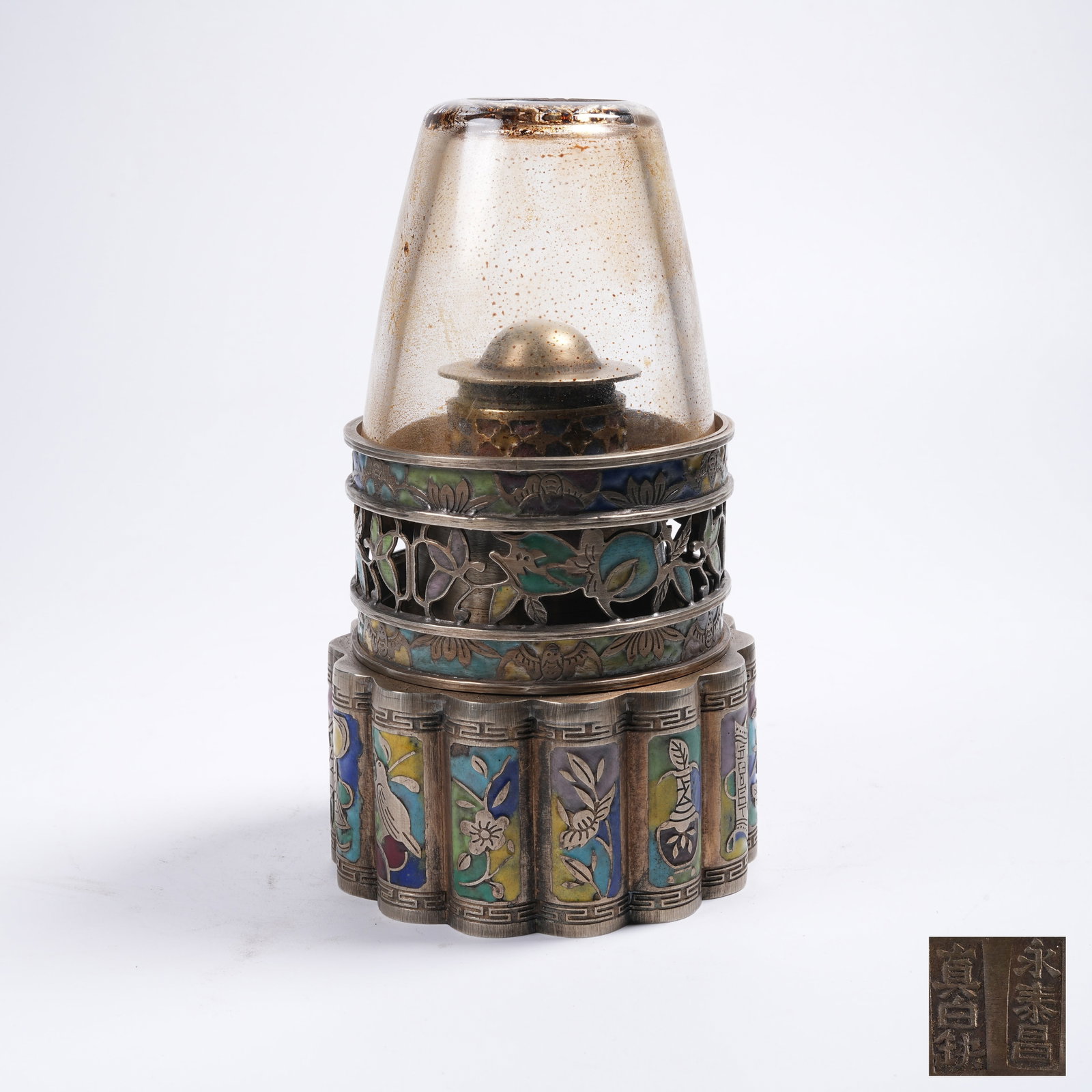 A WHITE BRONZE OIL LAMP INLAID WITH CLOISONNE (1 of 9)