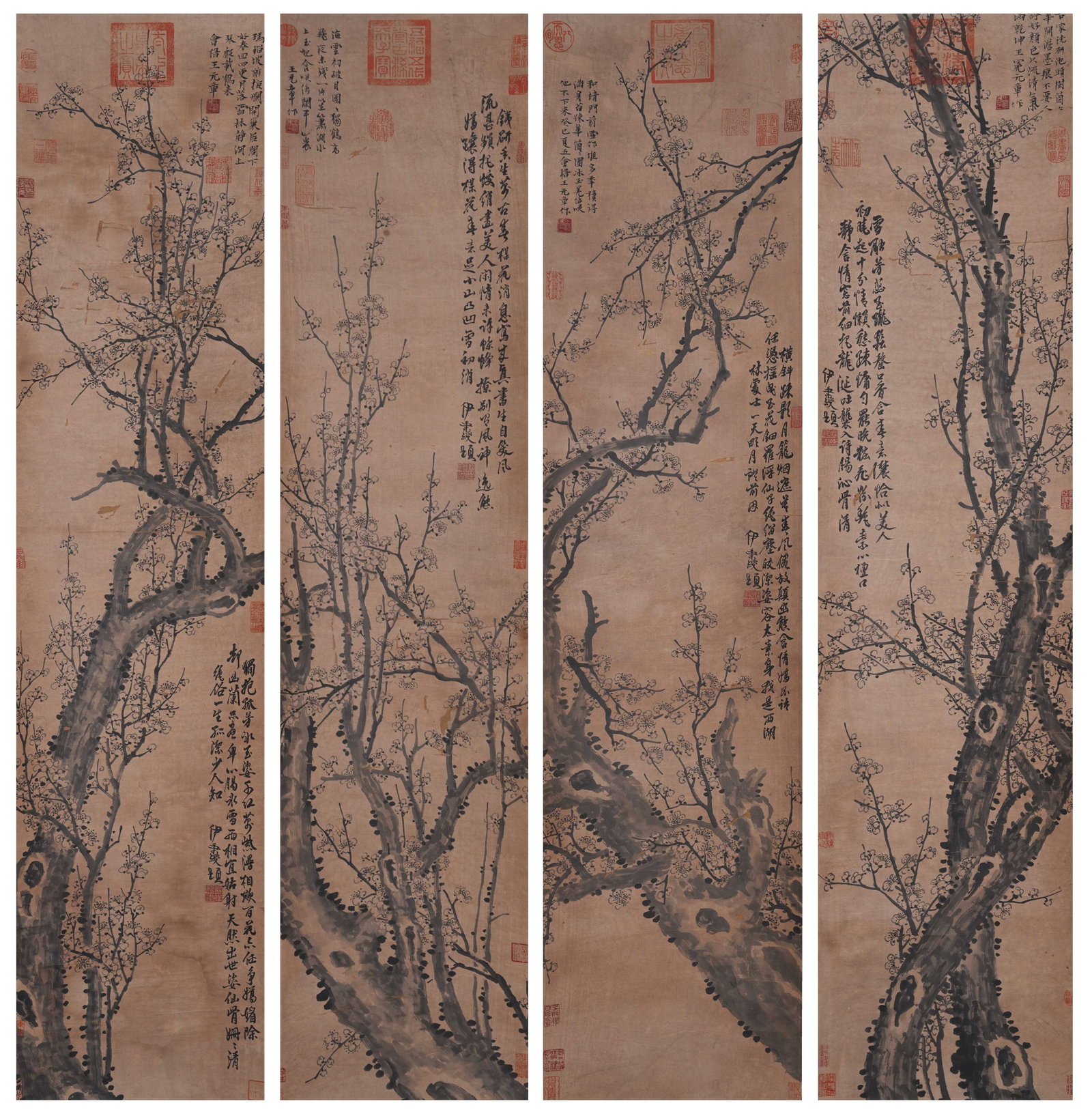 A PLUM BLOSSOM PAINTINGS ON PAPER BY WANG MIAN (4 PIECES).王冕: Plum Blossom Paintings on Paper by Wang Mian (4 pieces).王冕