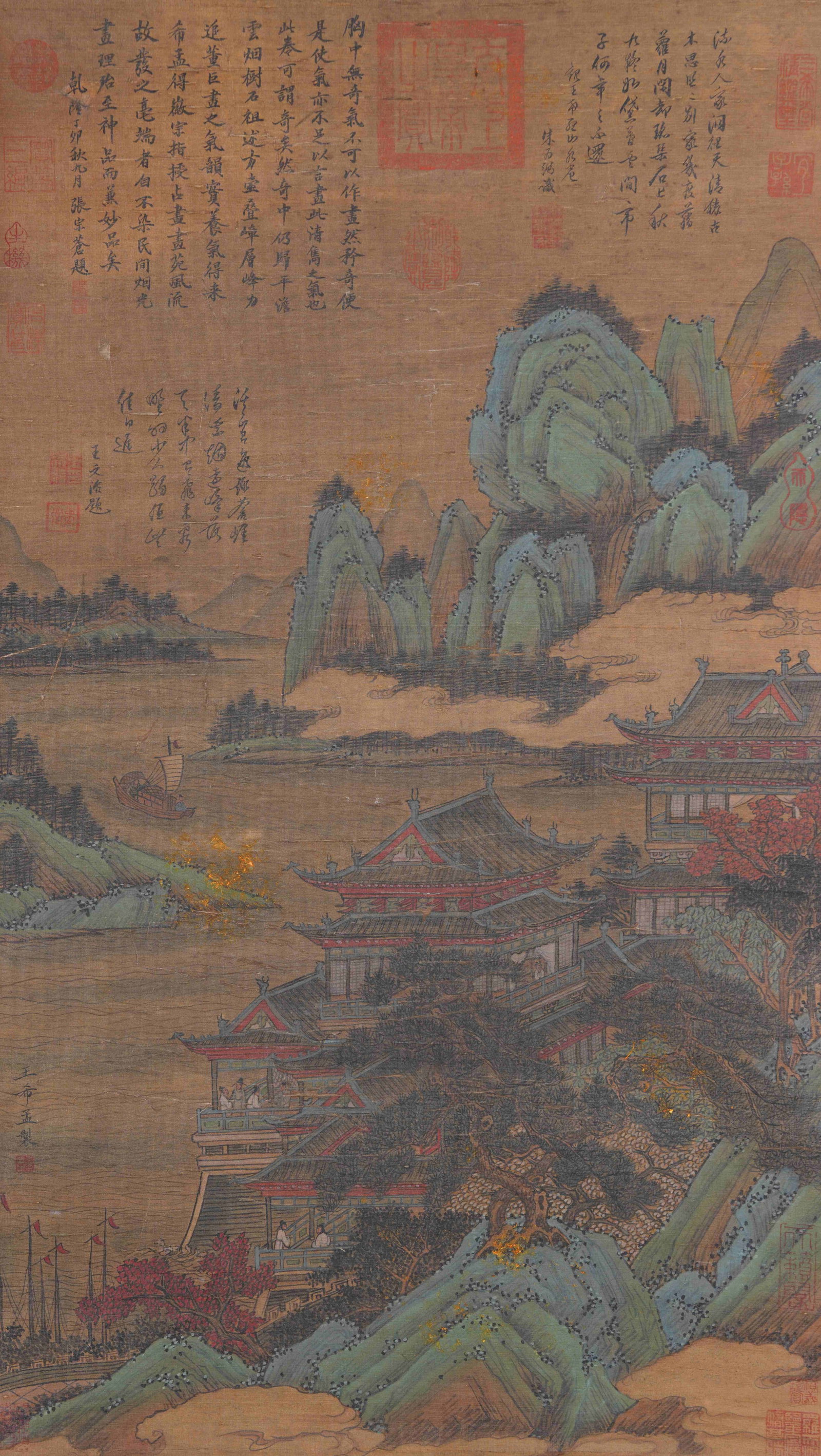 A LANDSCAPE AND PAVILION PAINTING ON SILK BY WANG XIMENG.王希孟: Landscape and Pavilion Painting on Silk by Wang Ximeng.王希孟