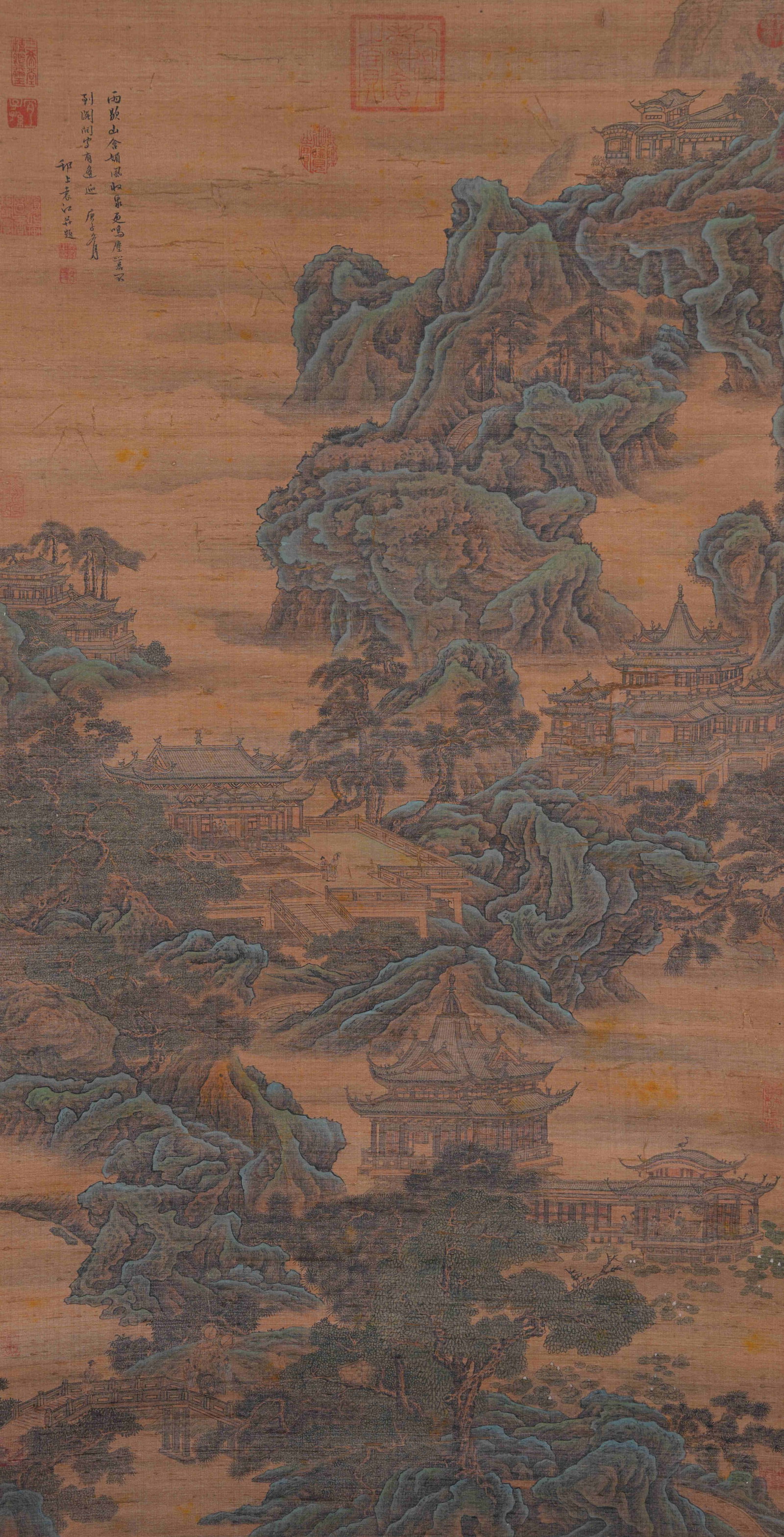A LANDSCAPE AND PAVILION PAINTING ON SILK BY YUAN JIANG.袁江: Landscape and Pavilion Painting on Silk by Yuan Jiang.袁江