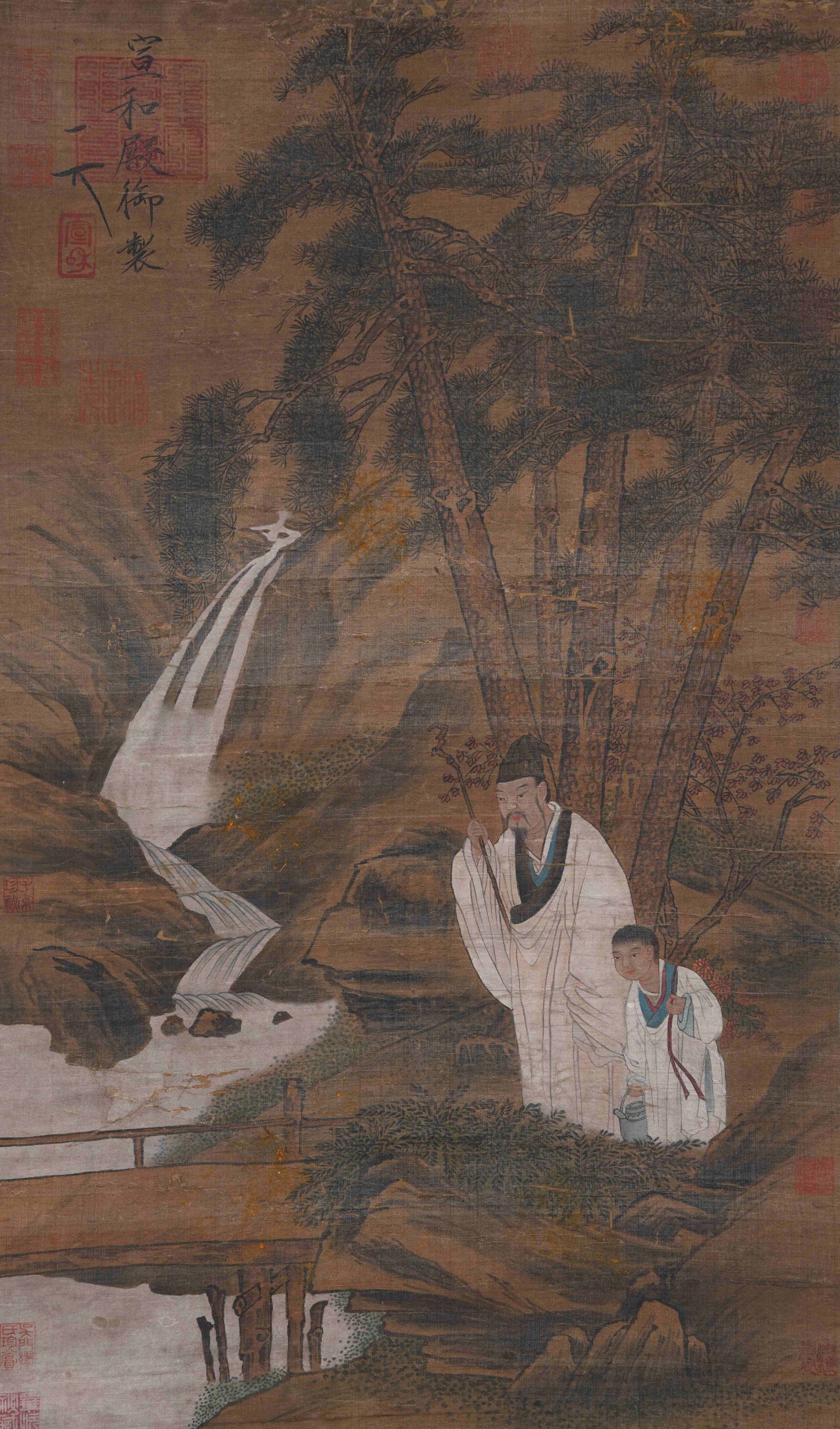 A LANDSCAPE AND FIGURE PAINTING ON SILK BY EMPEROR HUIZONG OF SONG.宋徽宗: Landscape and Figure Painting on Silk by Emperor Huizong of Song.宋徽宗