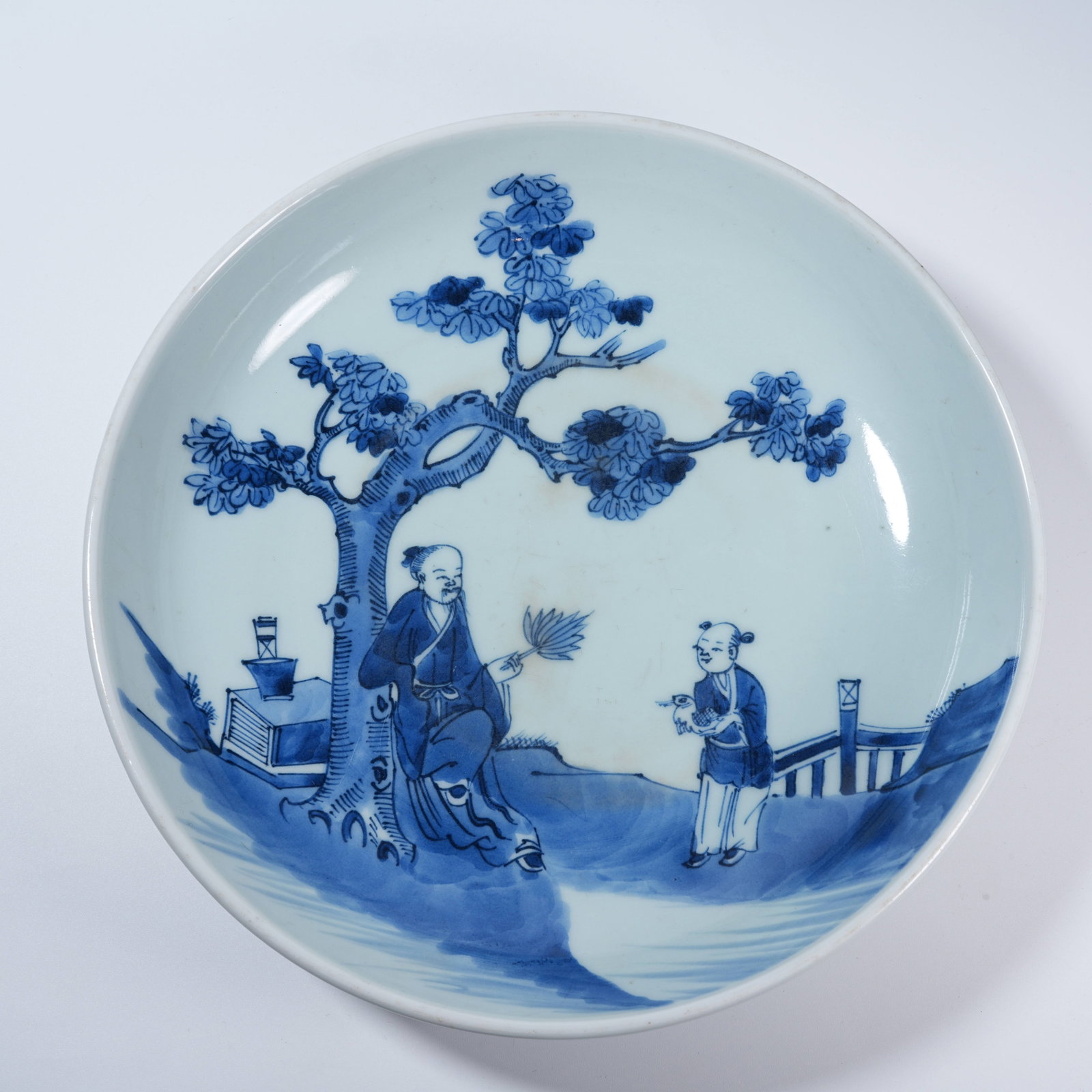 A BLUE AND WHITE LARGE PLATE WITH FIGURE STORY PATTERN (1 of 9)