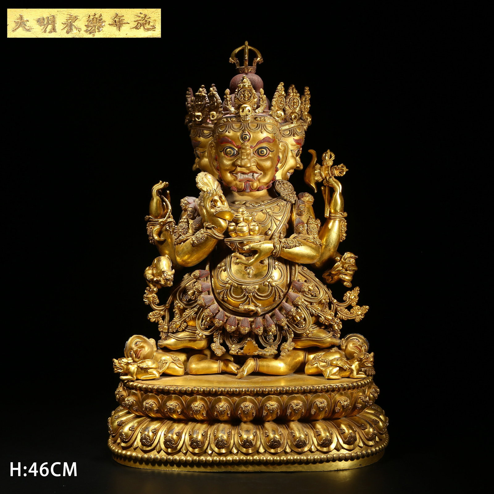 A GILDED BRONZE STATUE OF RED WEALTH GOD: Gilded bronze statue of Red Wealth God