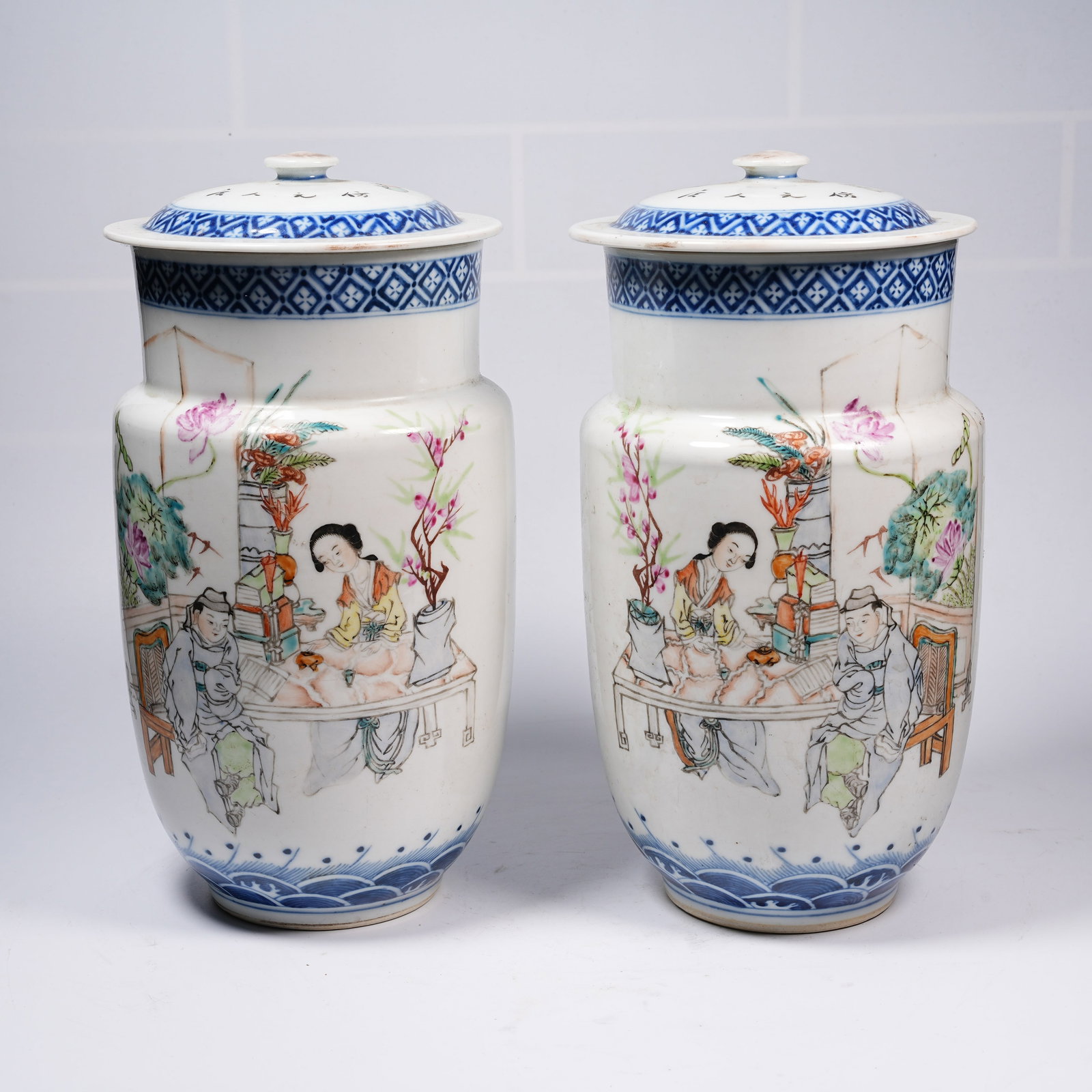 A SET OF FAMILLE ROSE CYLINDRICAL JARS WITH FIGURE STORY PATTERN: Set of Famille Rose Cylindrical Jars with Figure Story Pattern