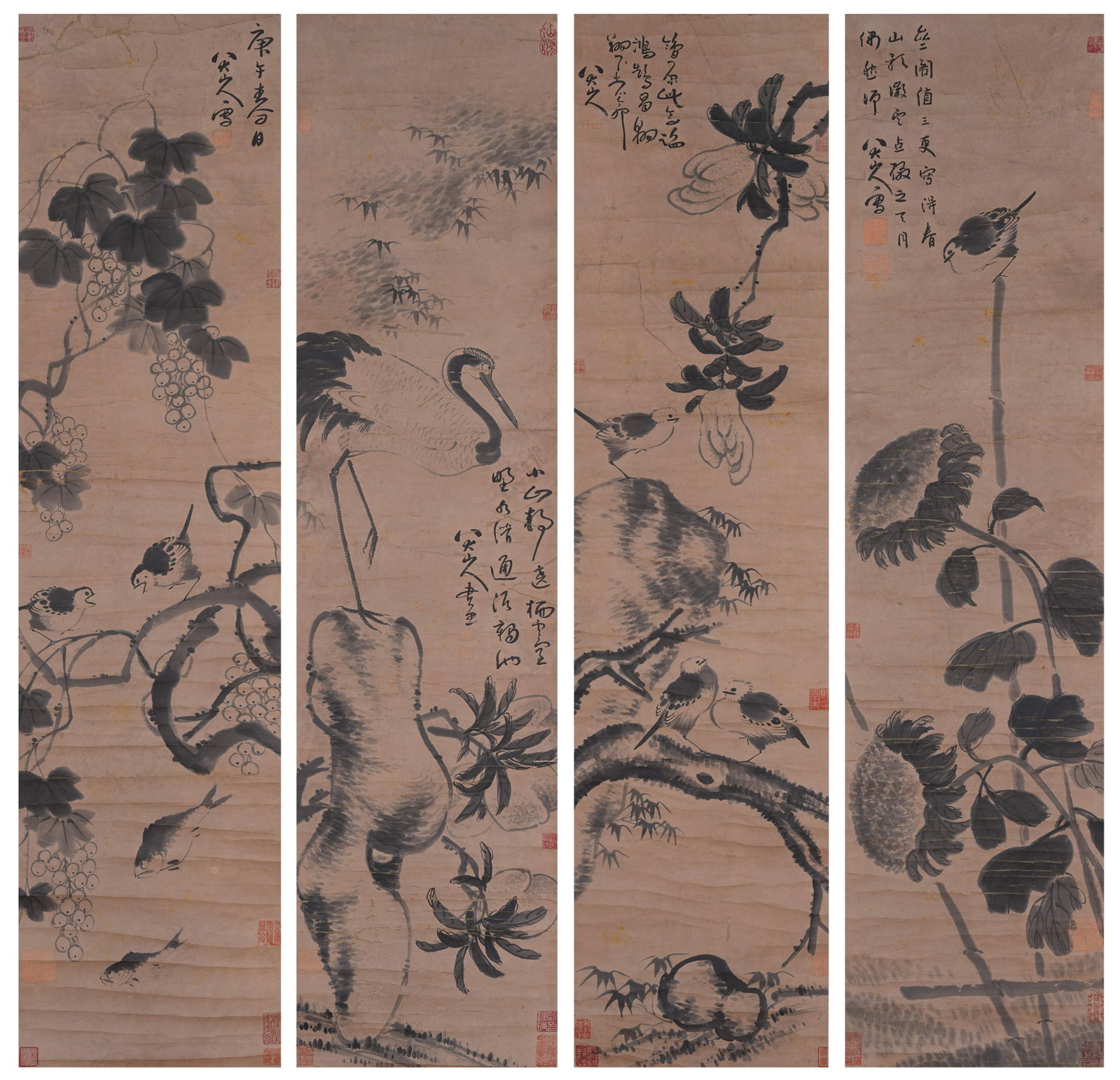 A FLOWER AND BIRD PAINTINGS ON PAPER BY BADA SHANREN (4 PIECES).八大山人: Flower and Bird Paintings on Paper by Bada Shanren (4 pieces).八大山人
