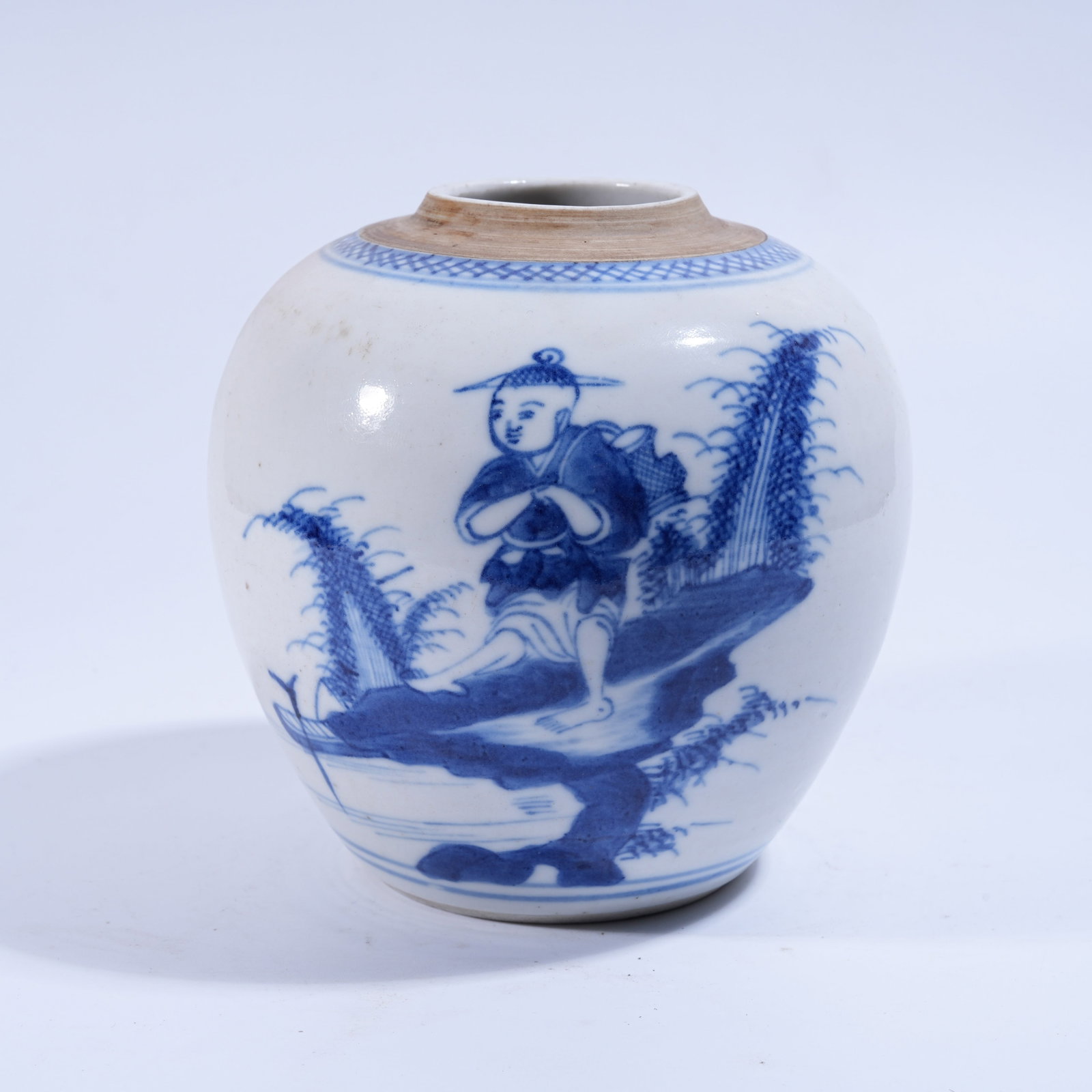 A BLUE AND WHITE JAR WITH FISHER BOY MOTIF: Blue and White Jar with Fisher Boy Motif