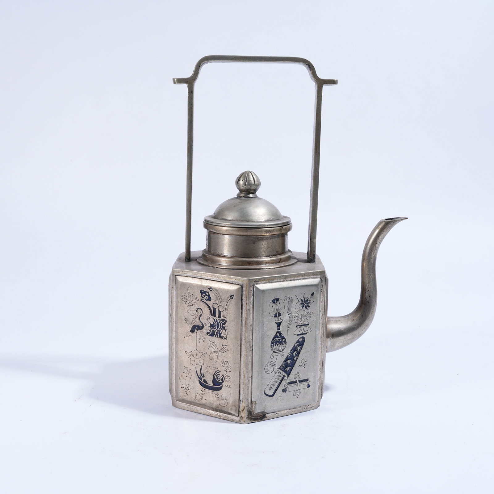 A WHITE BRONZE ENAMELED EWER WITH HANDLE AND ANTIQUE PATTERN: White Bronze Enameled Ewer with Handle and Antique Pattern. PROVENANCE: Highlight of this sale is part of the collection of K'ung Hsiang-Hsi (Kong Xiangxi, 孔祥熙, 1880-1967). Born