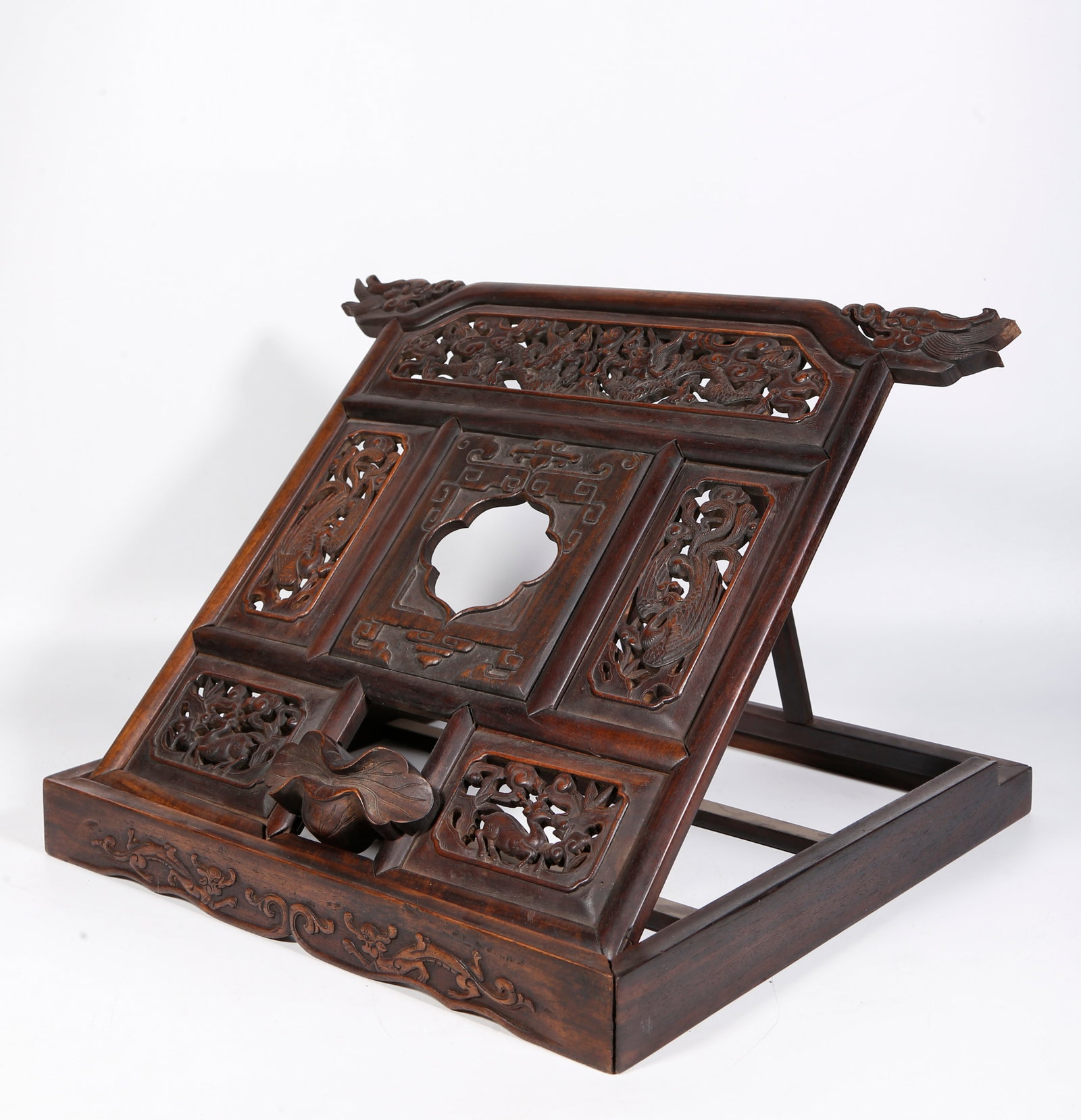 A HUANGHUALI WOOD CARVED DRAGON AND PHOENIX PATTERN CALLIGRAPHY RACK (1 of 10)