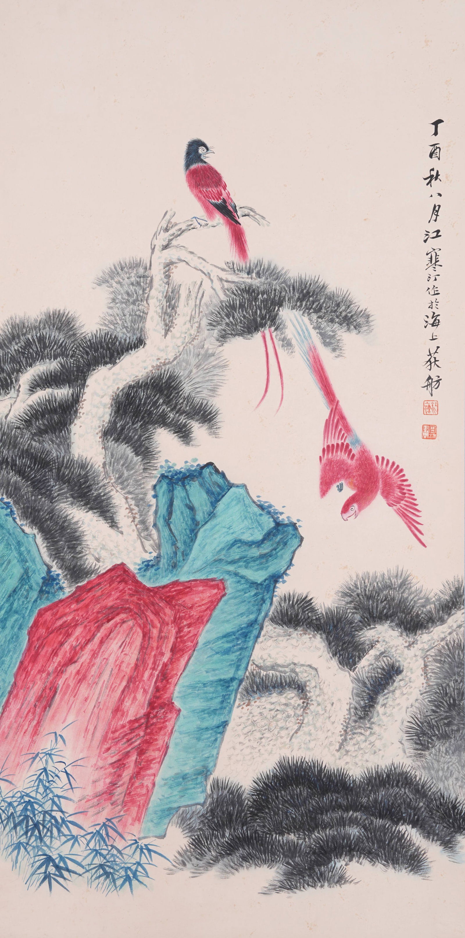 A PINE AND BIRD PAINTING ON PAPER BY JIANG HANTING.江寒汀 (1 of 8)