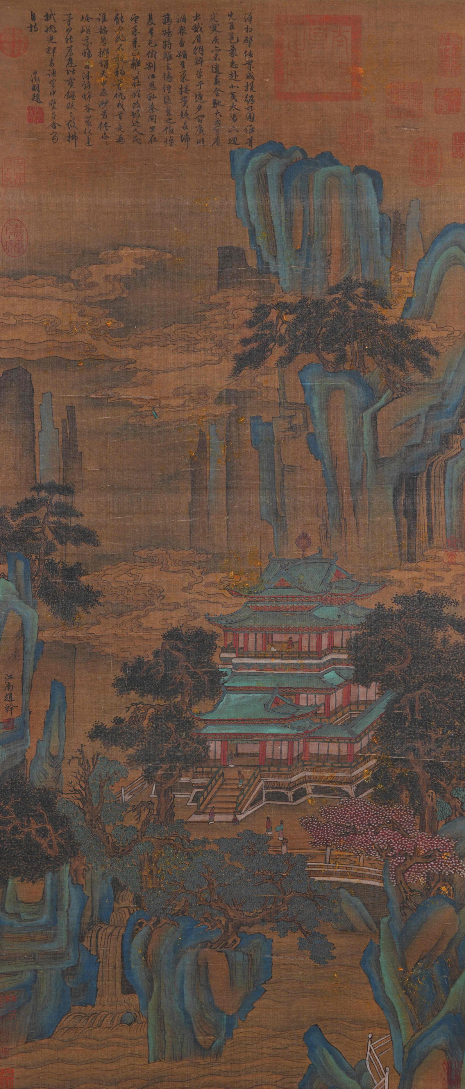 A FAIRYLAND PAVILION PAINTING ON SILK BY ZHAO GAN.趙幹: Fairyland Pavilion Painting on Silk by Zhao Gan.趙幹