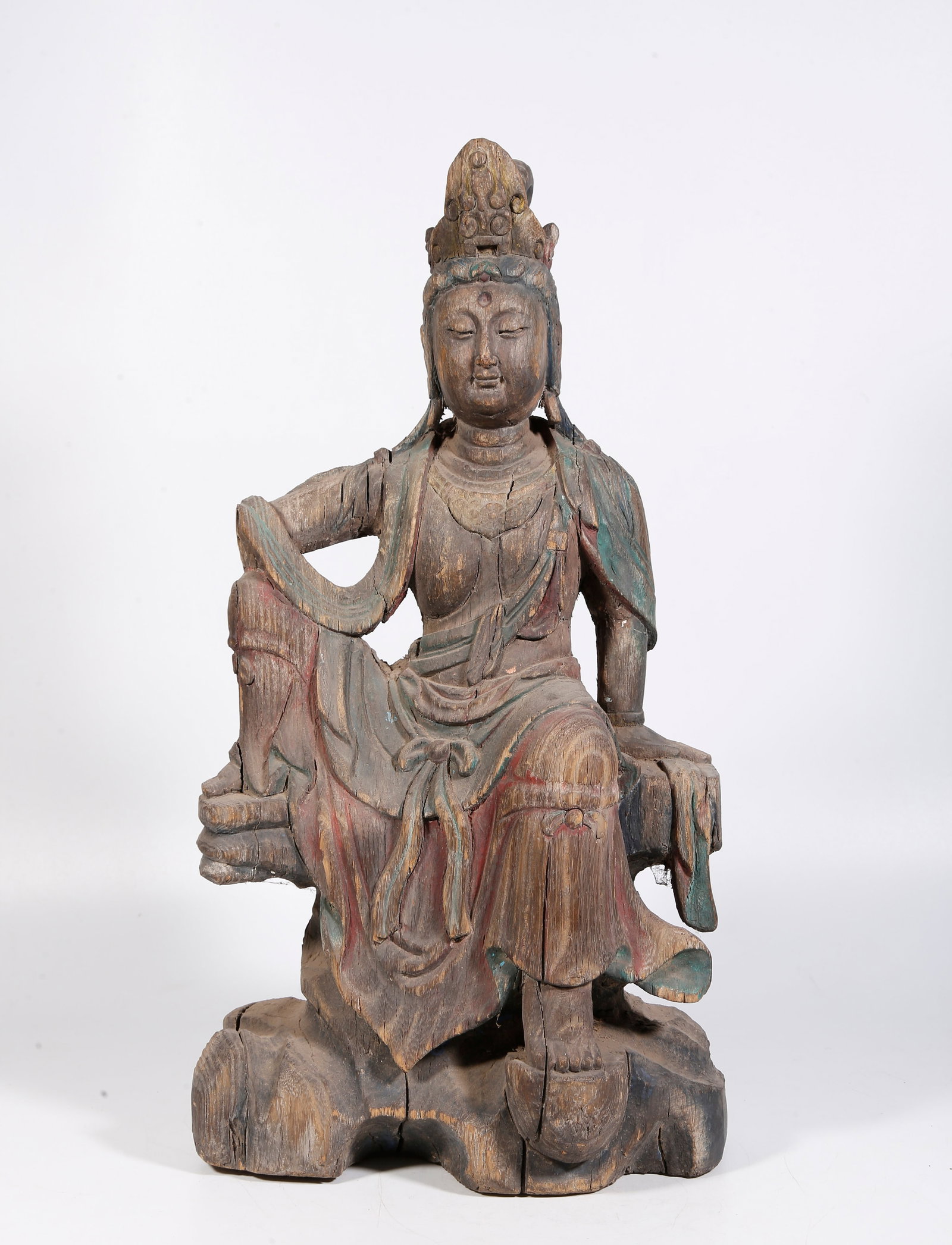A PAINTED WOODEN STATUE OF FREE AND EASY GUANYIN (1 of 9)