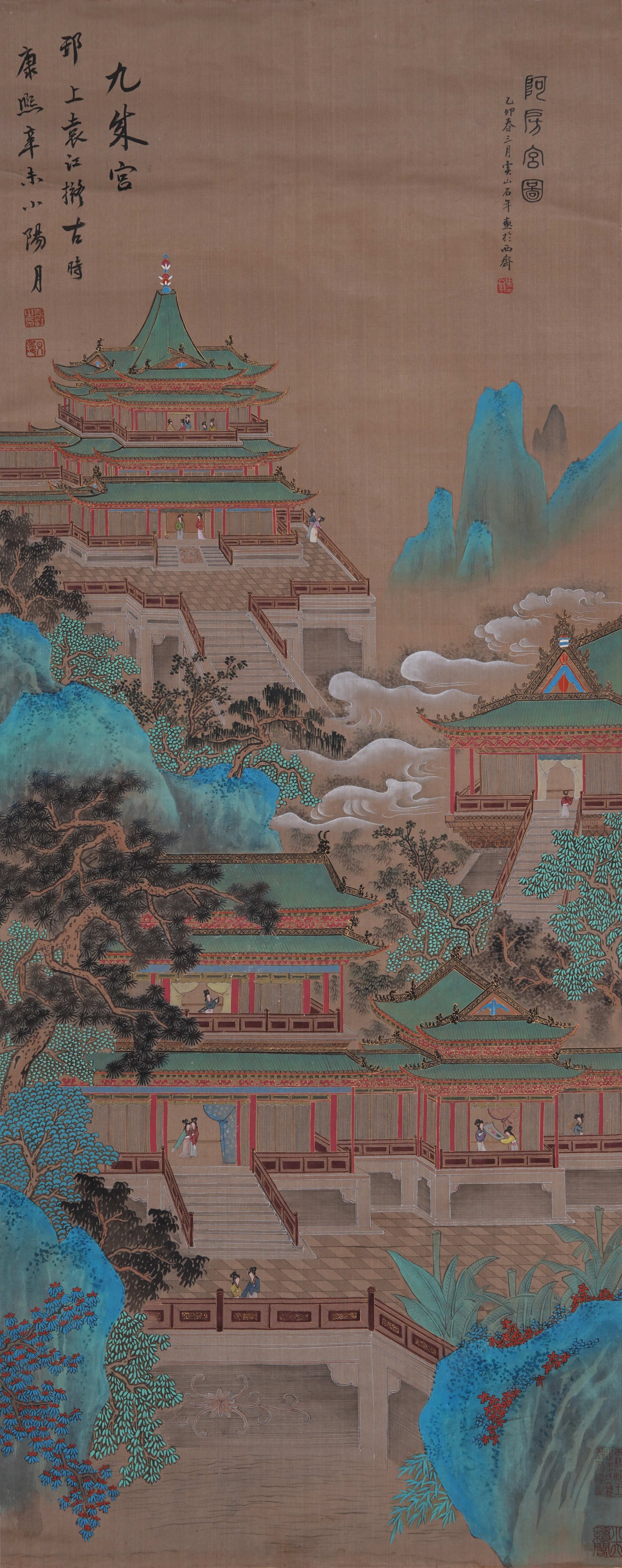 A EPANG PALACE PAINTING ON SILK BY YUAN JIANG.袁江: Epang Palace Painting on Silk by Yuan Jiang.袁江