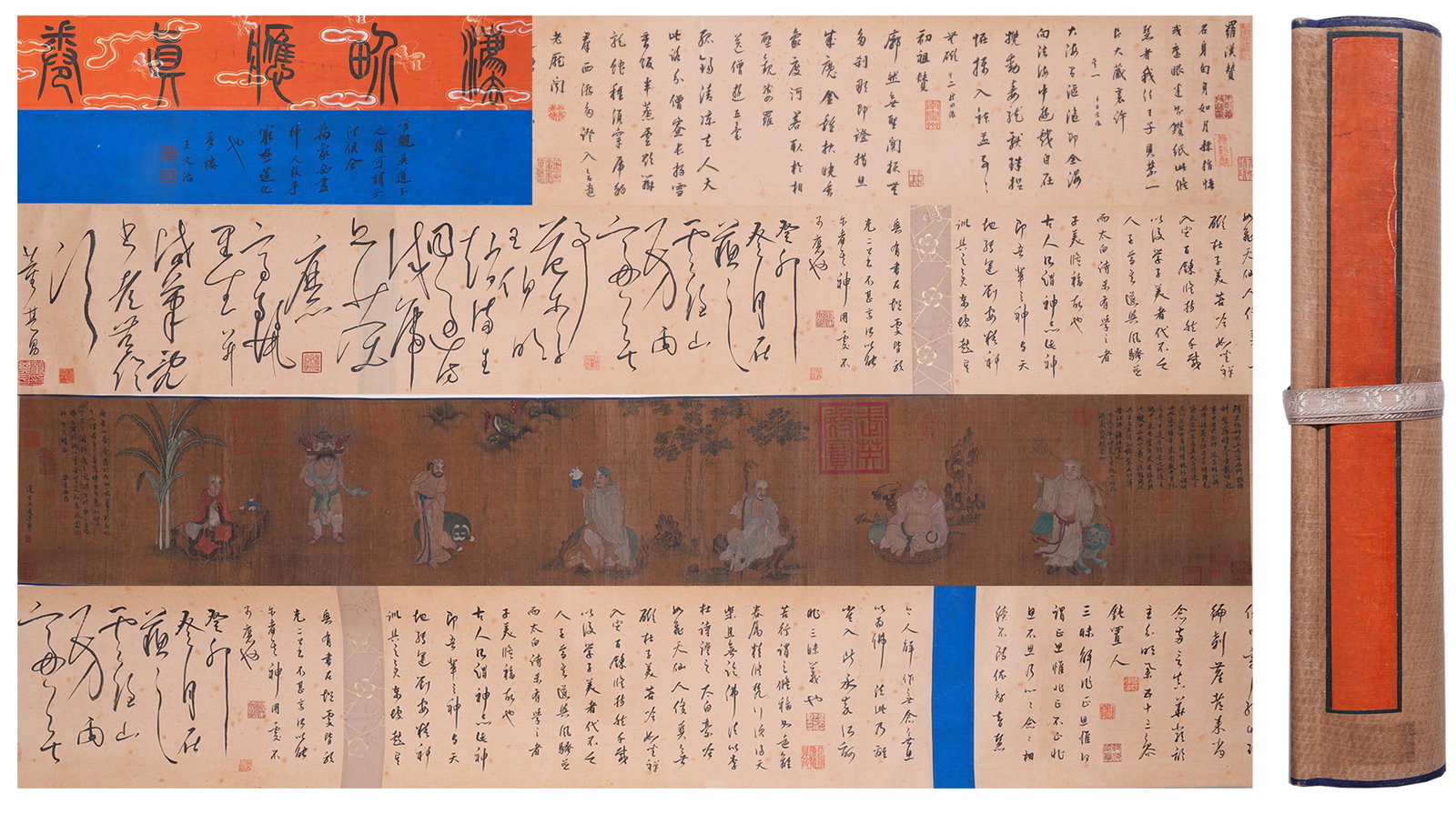 A HAND SCROLL OF ARHATS ON SILK BY WU DAOZI.吳道子: Hand Scroll of Arhats on Silk by Wu Daozi.吳道子