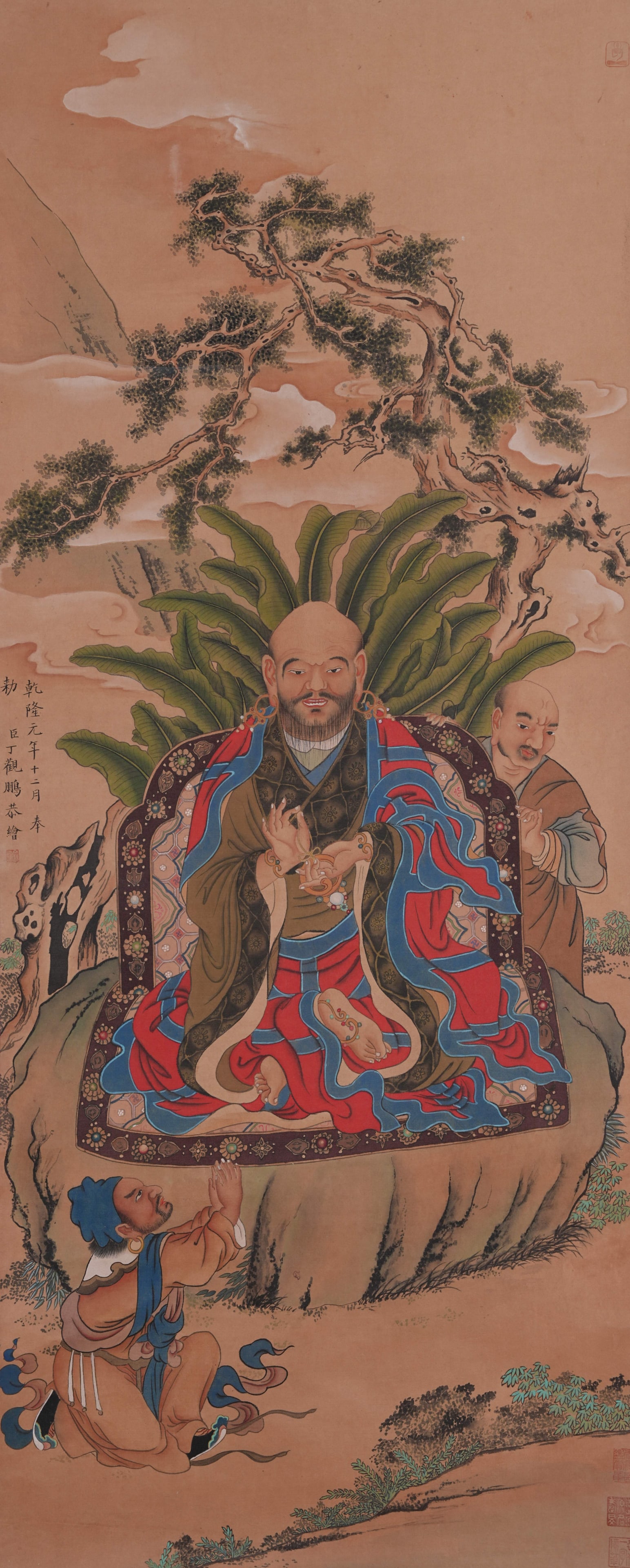 A BODHIDHARMA PAINTING ON SILK BY DING GUANPENG.丁觀鵬: Bodhidharma Painting on Silk by Ding Guanpeng.丁觀鵬