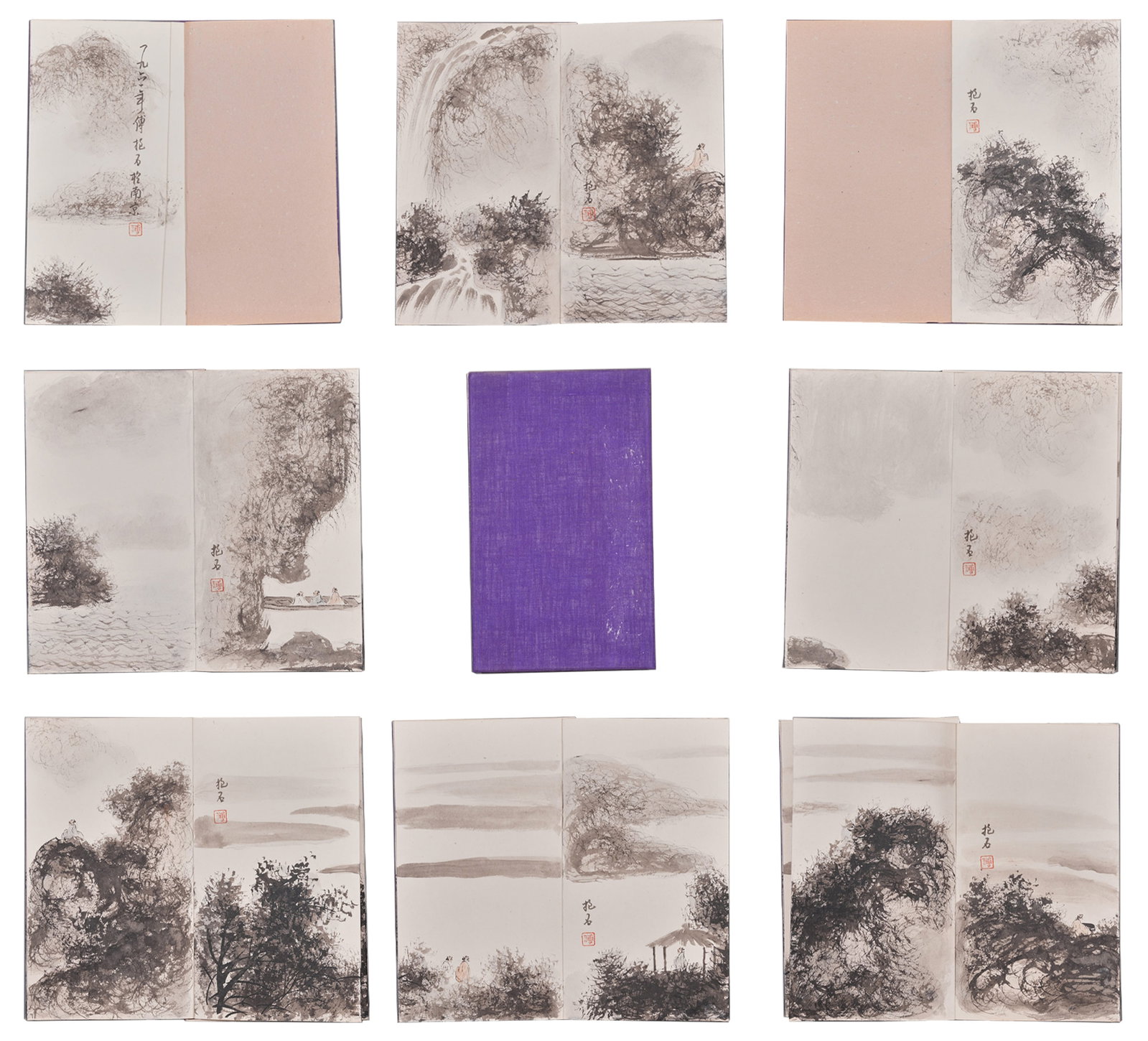 A ALBUM OF LANDSCAPE AND FIGURE PAINTINGS ON PAPER BY FU BAOSHI (10 LEAVES).傅抱石: Album of Landscape and Figure Paintings on Paper by Fu Baoshi (10 Leaves).傅抱石