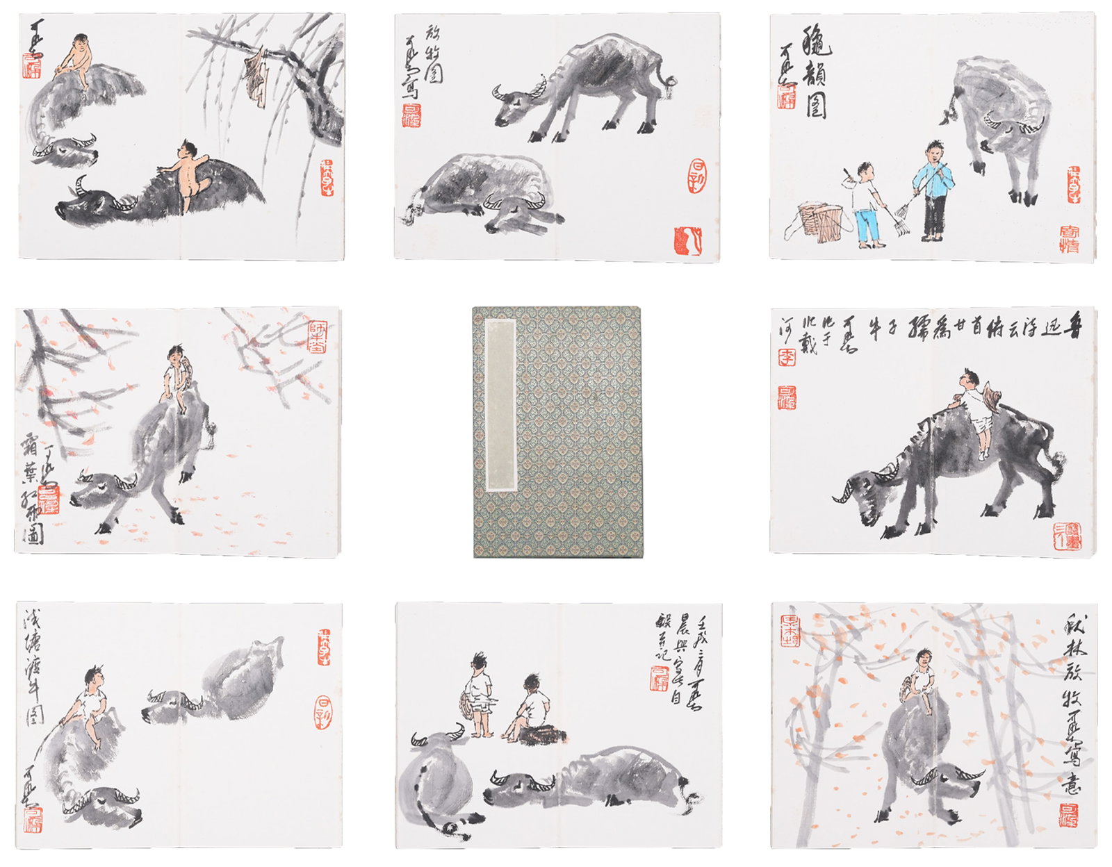 A ALBUM OF BUFFALO HERDING PAINTINGS ON PAPER BY LI KERAN (14 LEAVES).李可染: Album of Buffalo Herding Paintings on Paper by Li Keran (14 Leaves).李可染
