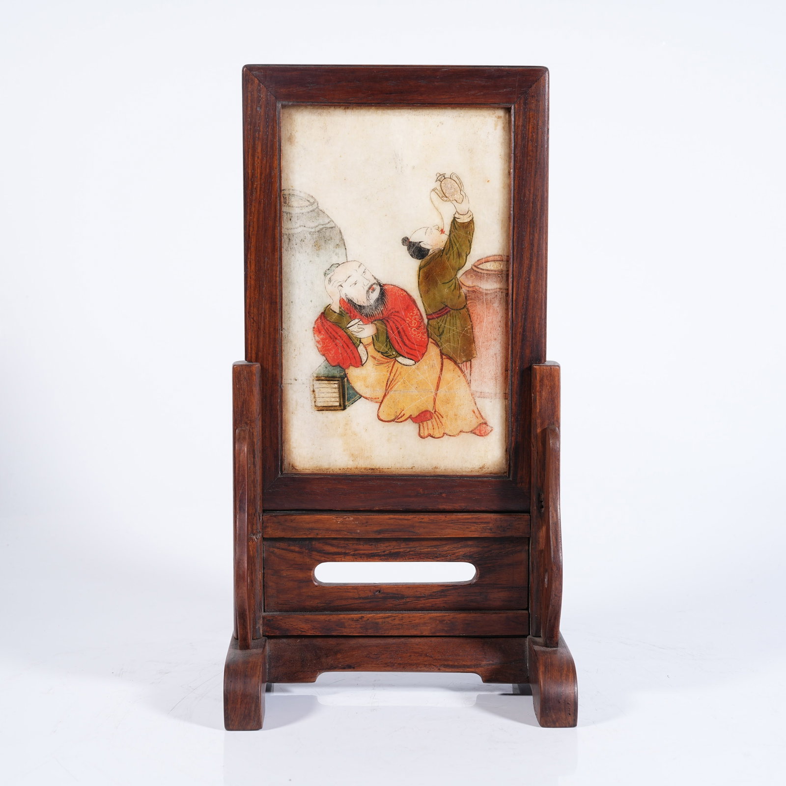 A HUANGHUALI WOOD SCREEN INLAID CLOUD STONE WITH COLORED FIGURE STORY PATTERN (1 of 9)