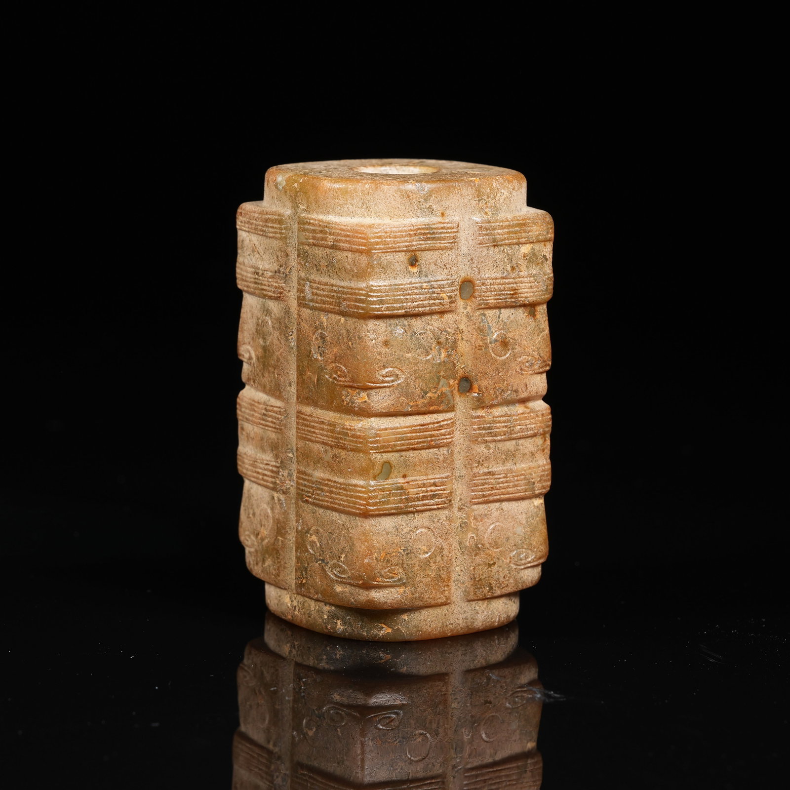 A ARCHAIC JADE CONG WITH DEITY MASK MOTIF: Archaic Jade Cong with Deity Mask Motif