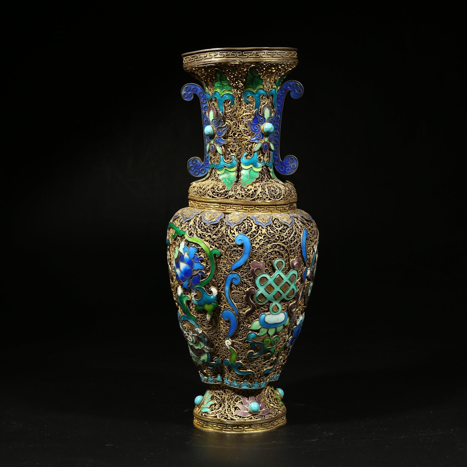 A GILDED SILVER FILIGREE CLOISONNÉ DOUBLE-HANDLED VASE WITH BOY HOLDING LOTUS (1 of 9)