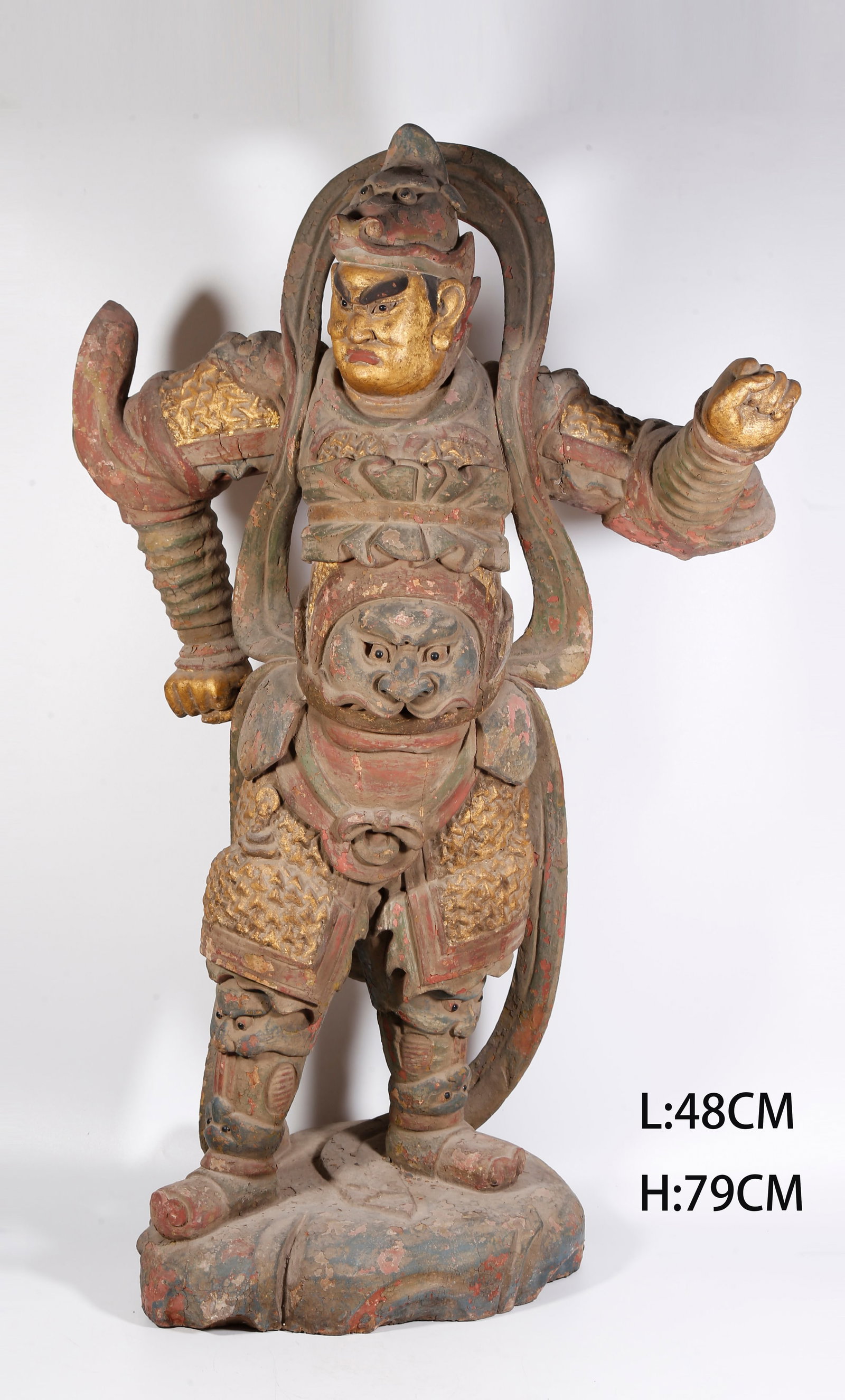 A PAINTED WOOD STATUE OF HEAVENLY KING: Painted Wood Statue of Heavenly King
