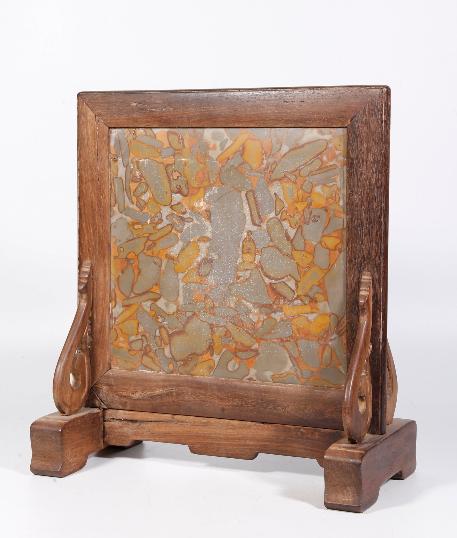 A HUANGHUALI WOOD TABLE SCREEN INLAID WITH MULTICOLORED STONE (1 of 10)
