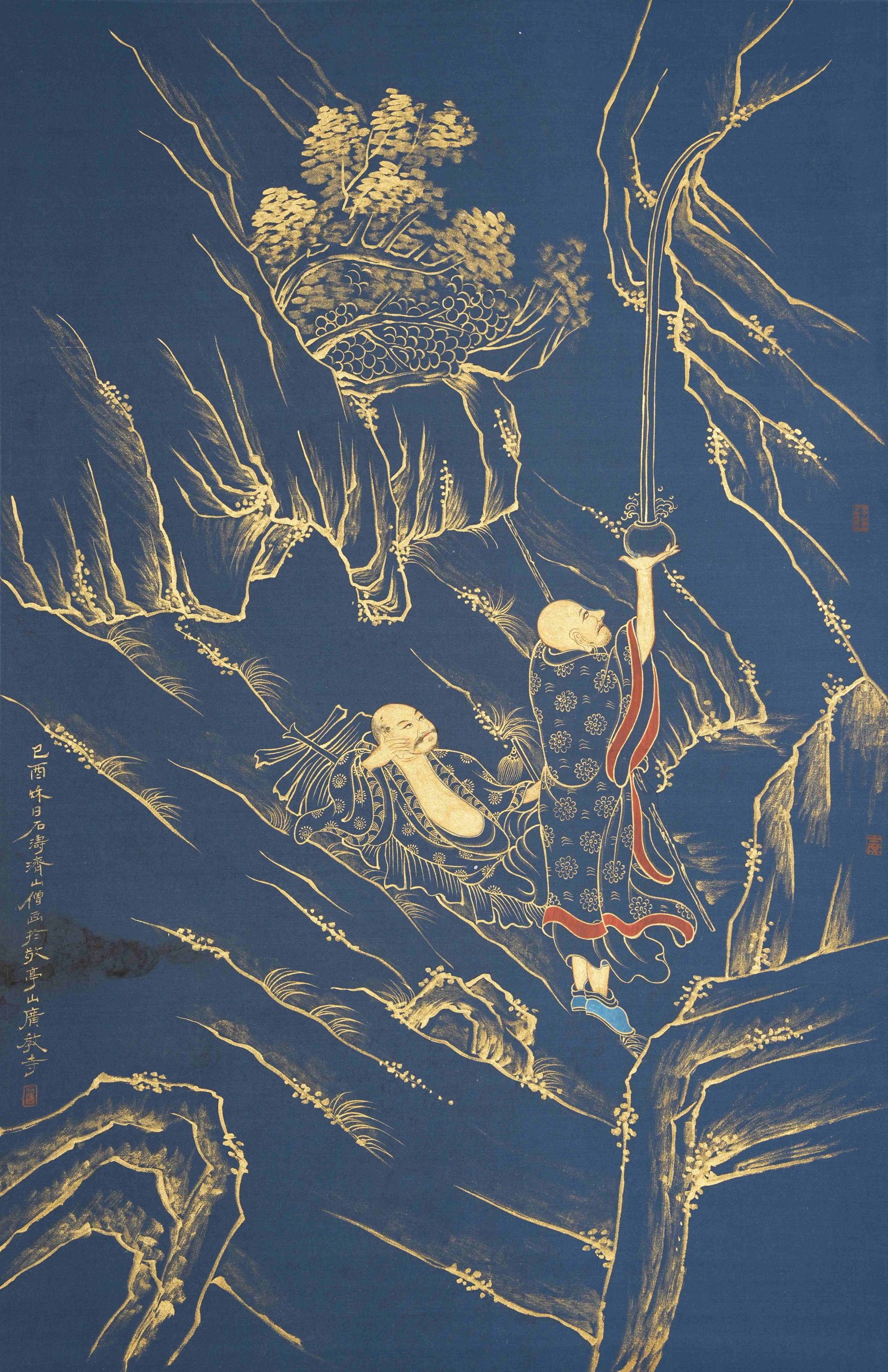 A GOLD-OUTLINED ARHAT PAINTING ON SILK BY SHITAO.石濤: Gold-outlined Arhat Painting on Silk by Shitao.石濤