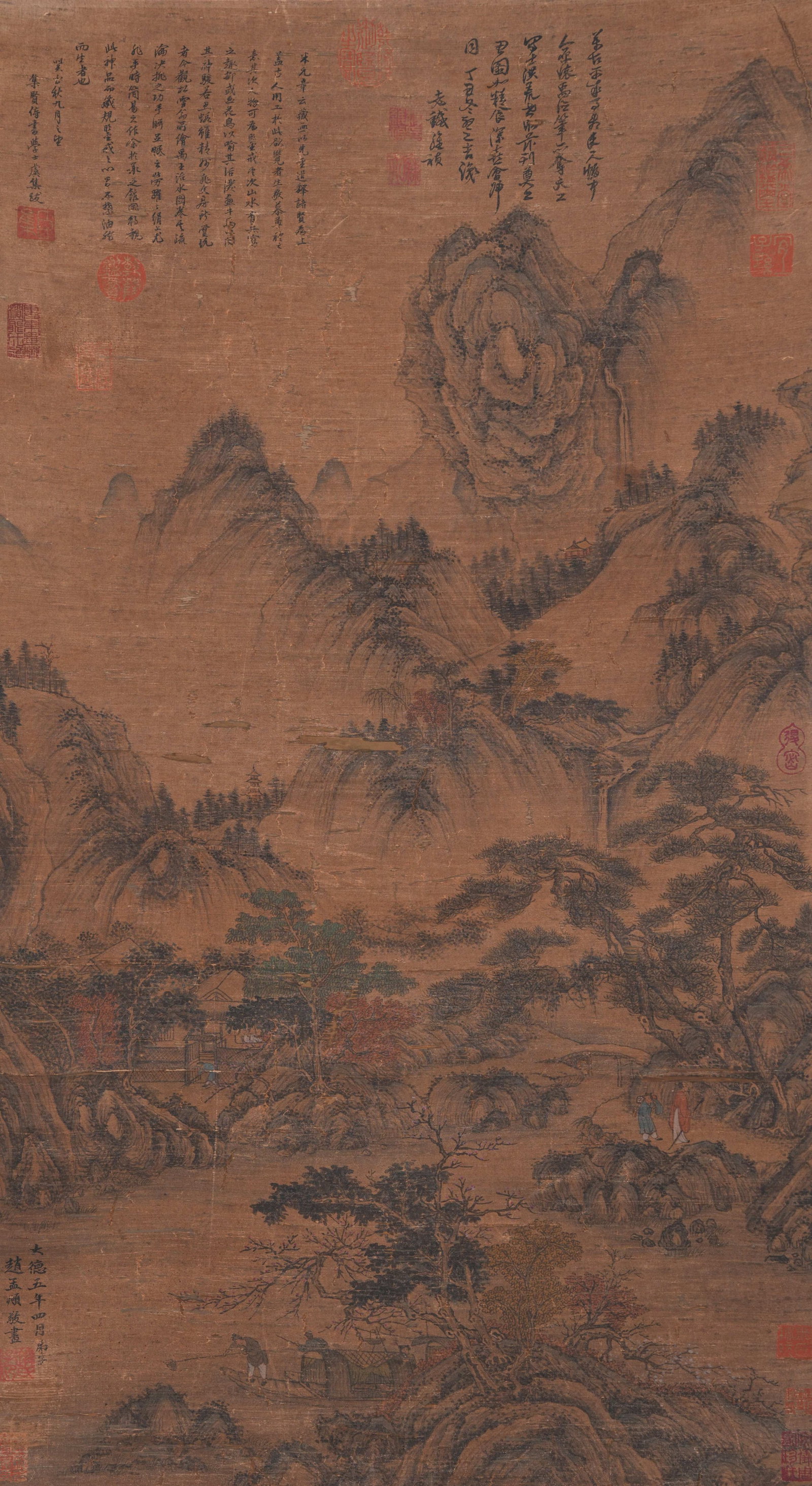 A LANDSCAPE PAINTING ON SILK BY ZHAO MENGFU.趙孟頫: Landscape Painting on Silk by Zhao Mengfu.趙孟頫