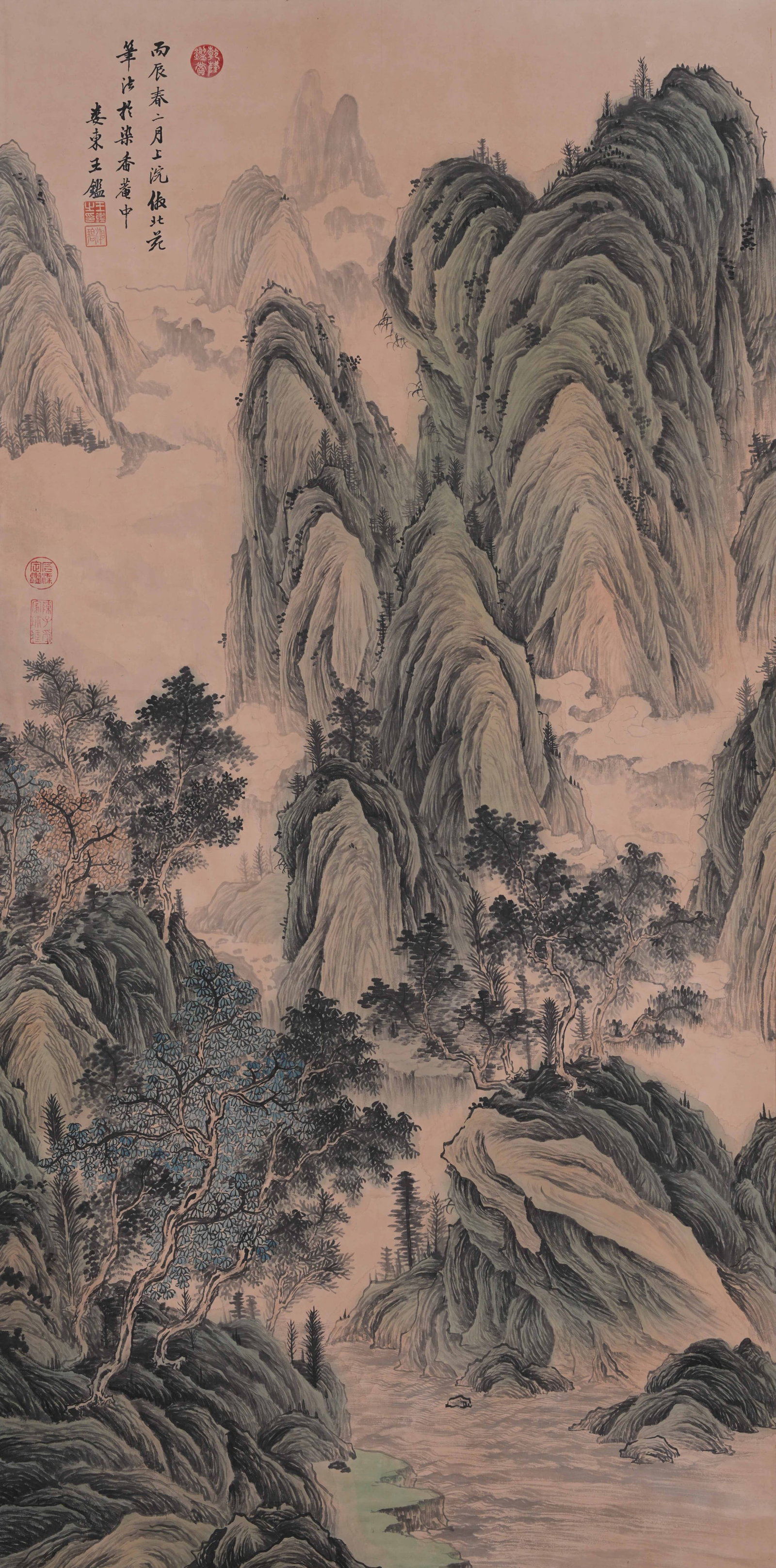 A LANDSCAPE PAINTING ON PAPER BY WANG JIAN.王鑑: Landscape Painting on Paper by Wang Jian.王鑑