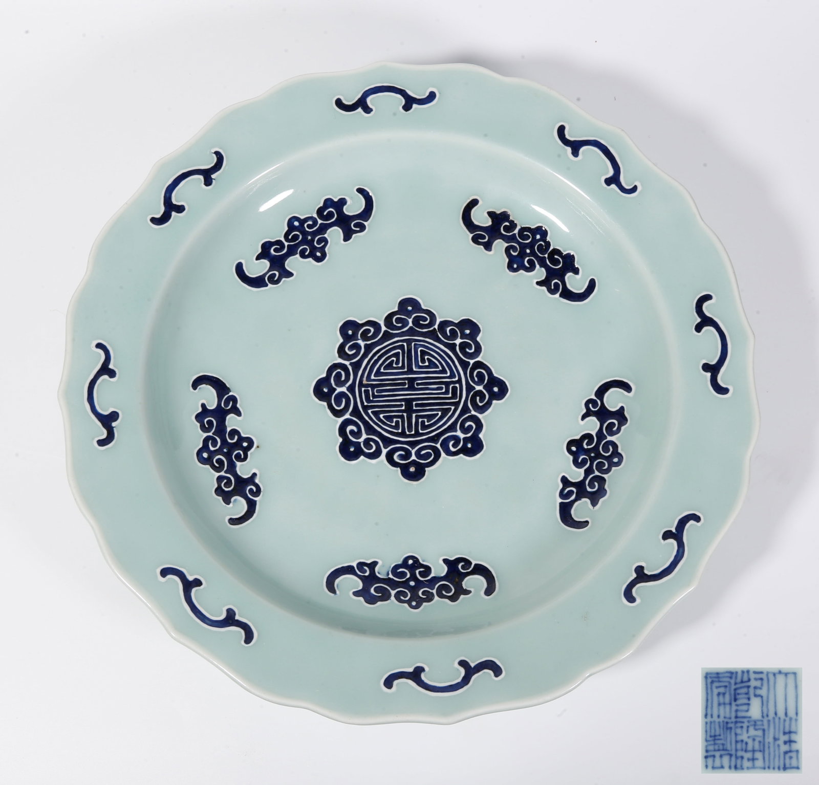 A POWDER GREEN GLAZE BLUE-RELIEF FIVE BLESSINGS EMBRACING LONGEVITY PATTERN RHOMBUS-RIMMED (1 of 10)