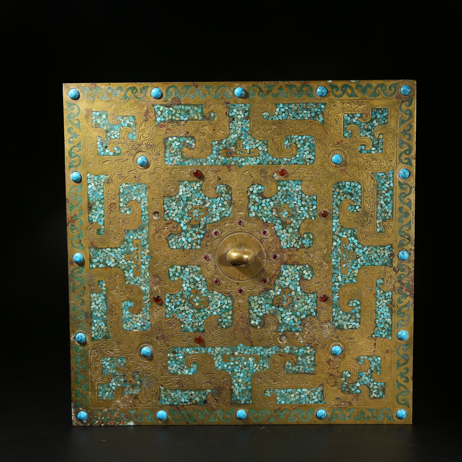 A GILT BRONZE INLAID TURQUOISE PLAQUE (1 of 7)