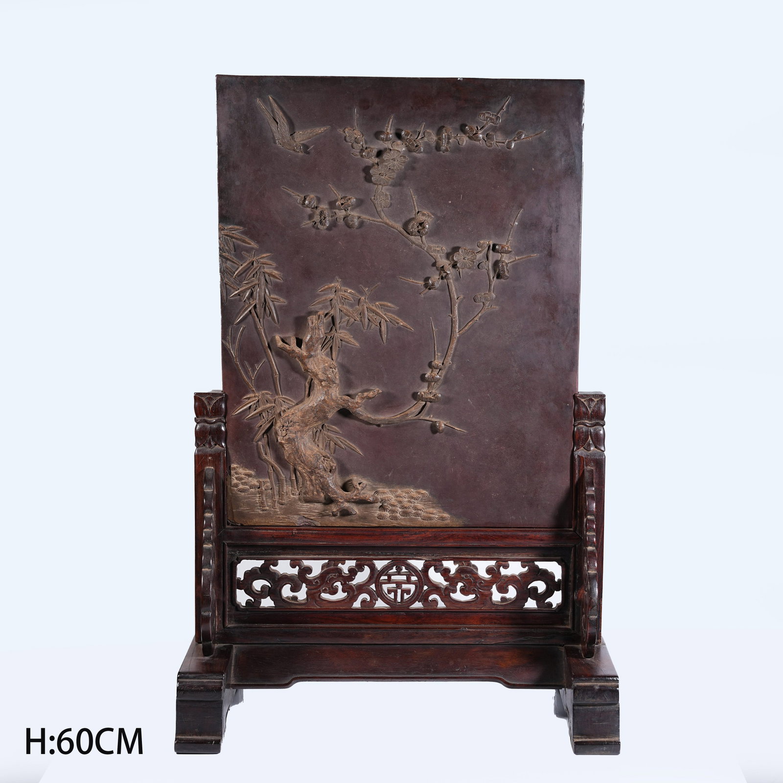A RED SANDALWOOD SCREEN INLAID QIYANG STONE FLOWER AND BIRD PATTERN (1 of 8)