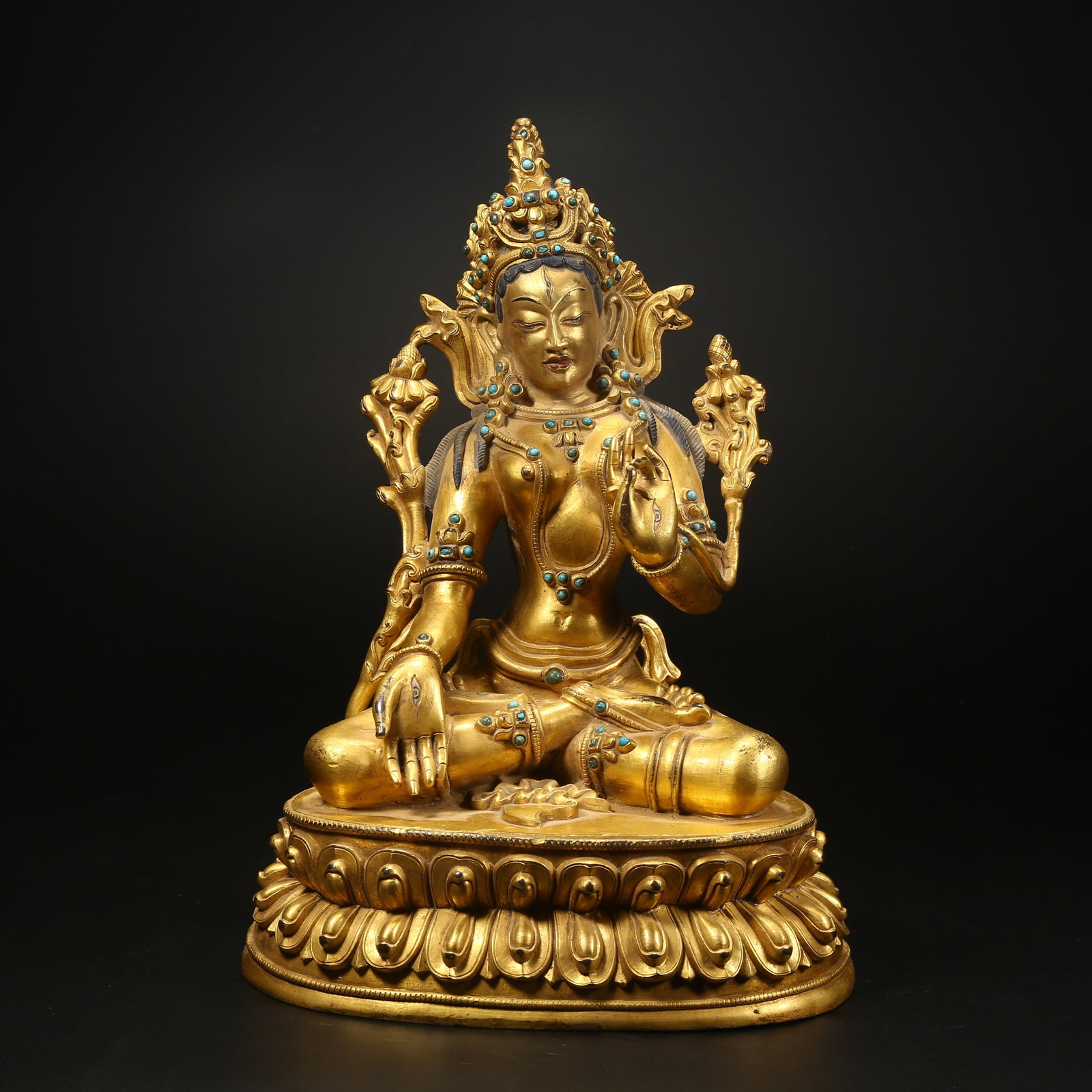 A GILT BRONZE STATUE OF WHITE TARA: Gilt bronze statue of White Tara