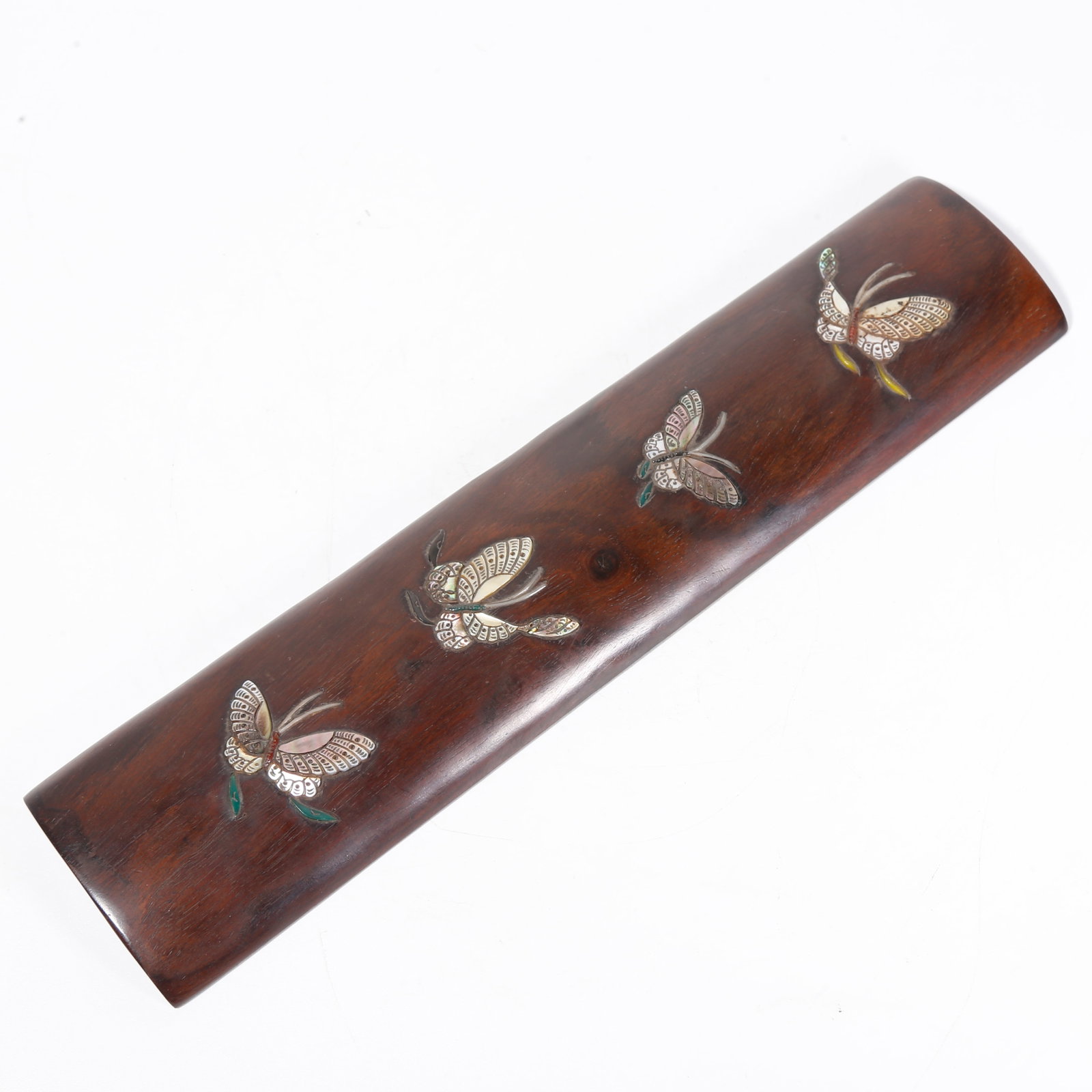 A RED SANDALWOOD ARM REST INLAID WITH MOTHER-OF-PEARL BUTTERFLY PATTERN: Red Sandalwood Arm Rest Inlaid with Mother-of-Pearl Butterfly Pattern