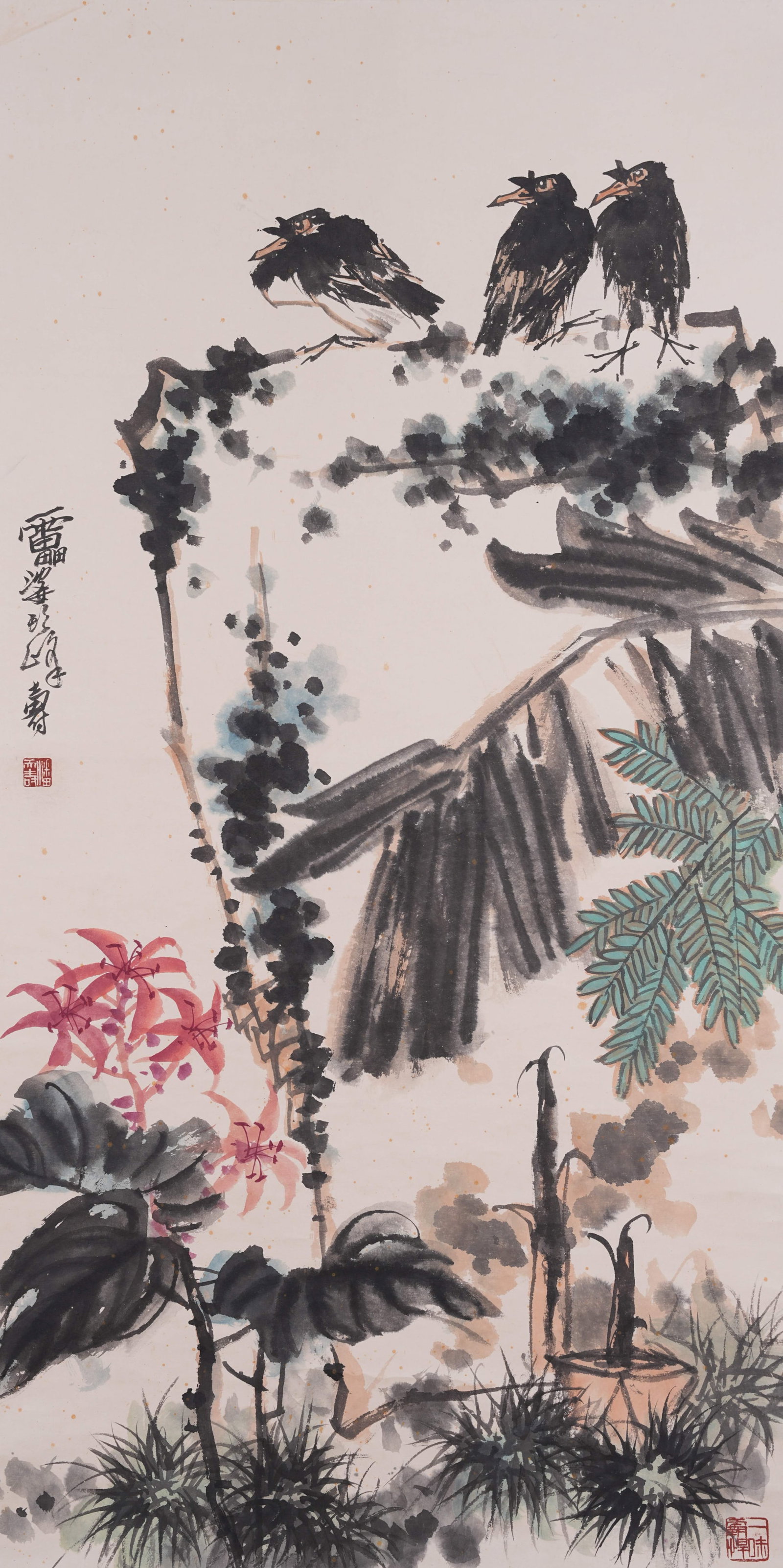 A FLOWER AND BIRD PAINTING ON PAPER BY PAN TIANSHOU.潘天壽: Flower and Bird Painting on Paper by Pan Tianshou.潘天壽